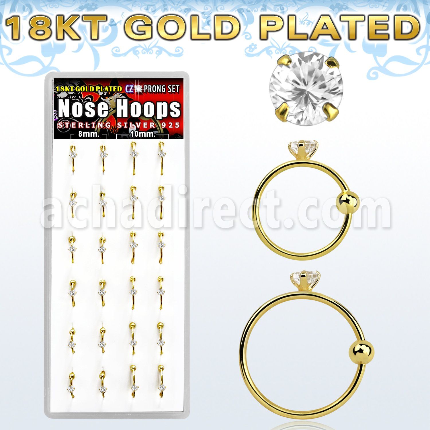 dnsm106 caja 24 aros nariz plata 925 0 6mm oro 18 kts bola cierre zirconia redonda 2mm 8mm 10mm al por mayor