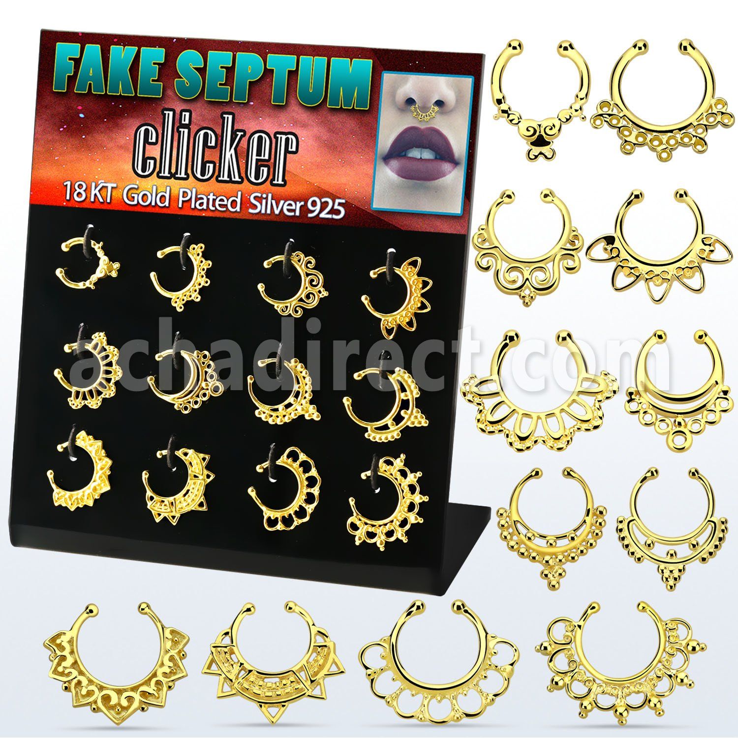 dnsm117 display 12 falsos septum clic plata 925 oro 18 kts 1mm disenos indios 12mm venta