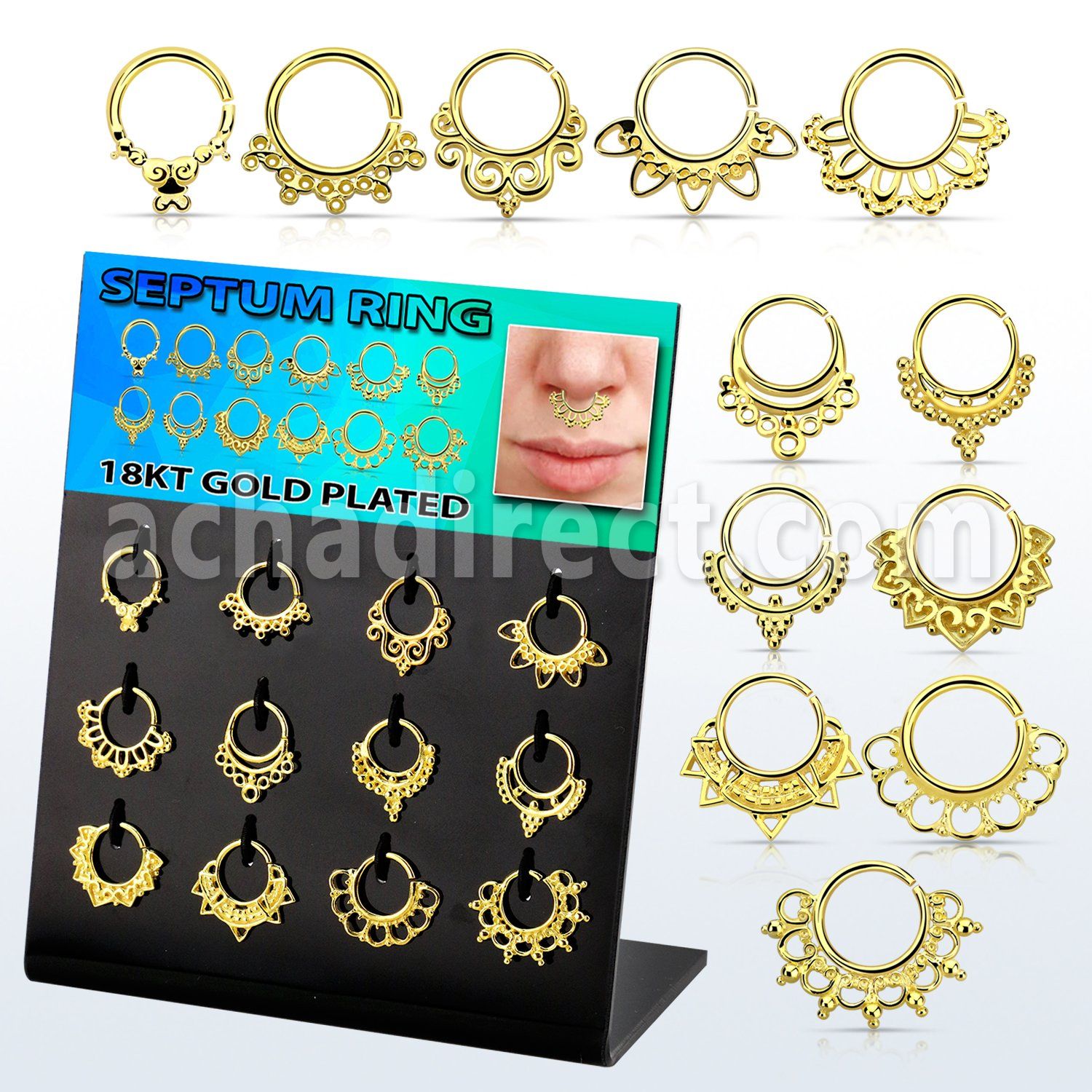 dnsm138 display 12 aros septum plata 925 oro 18 kts 1mm disenos variados distribuidor mayorista