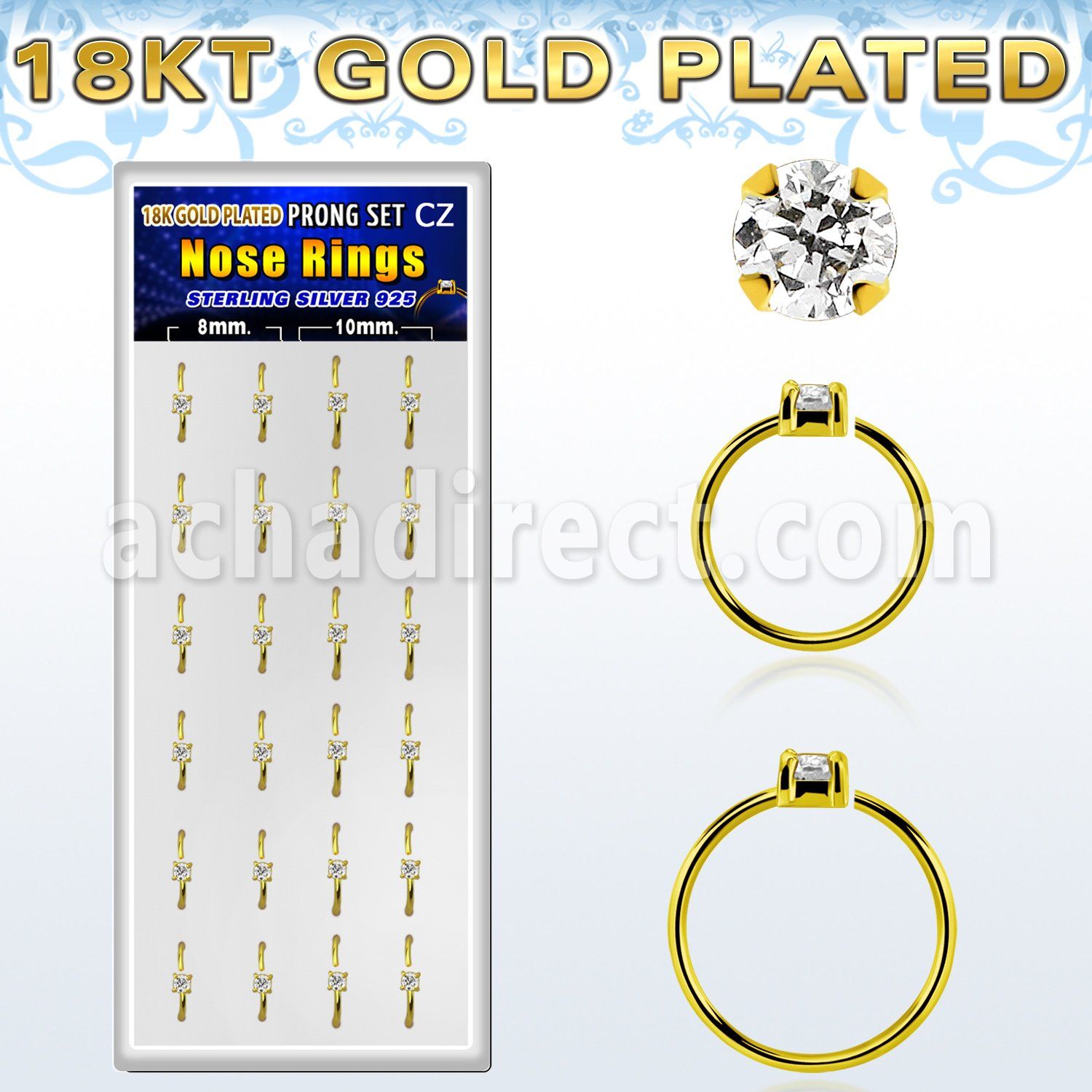 dnsm174 caja 24 aros nariz plata 925 oro 18 kts zirconia redonda 2mm 8mm 10mm mayorista