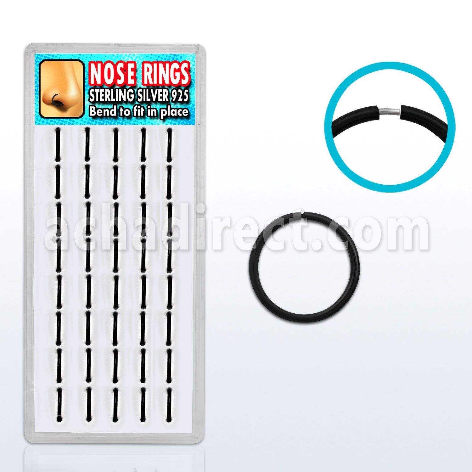 dnsm19 caja display 40 aros nariz continuos plata esterlina 925 negro 1mm 10mm al por mayor