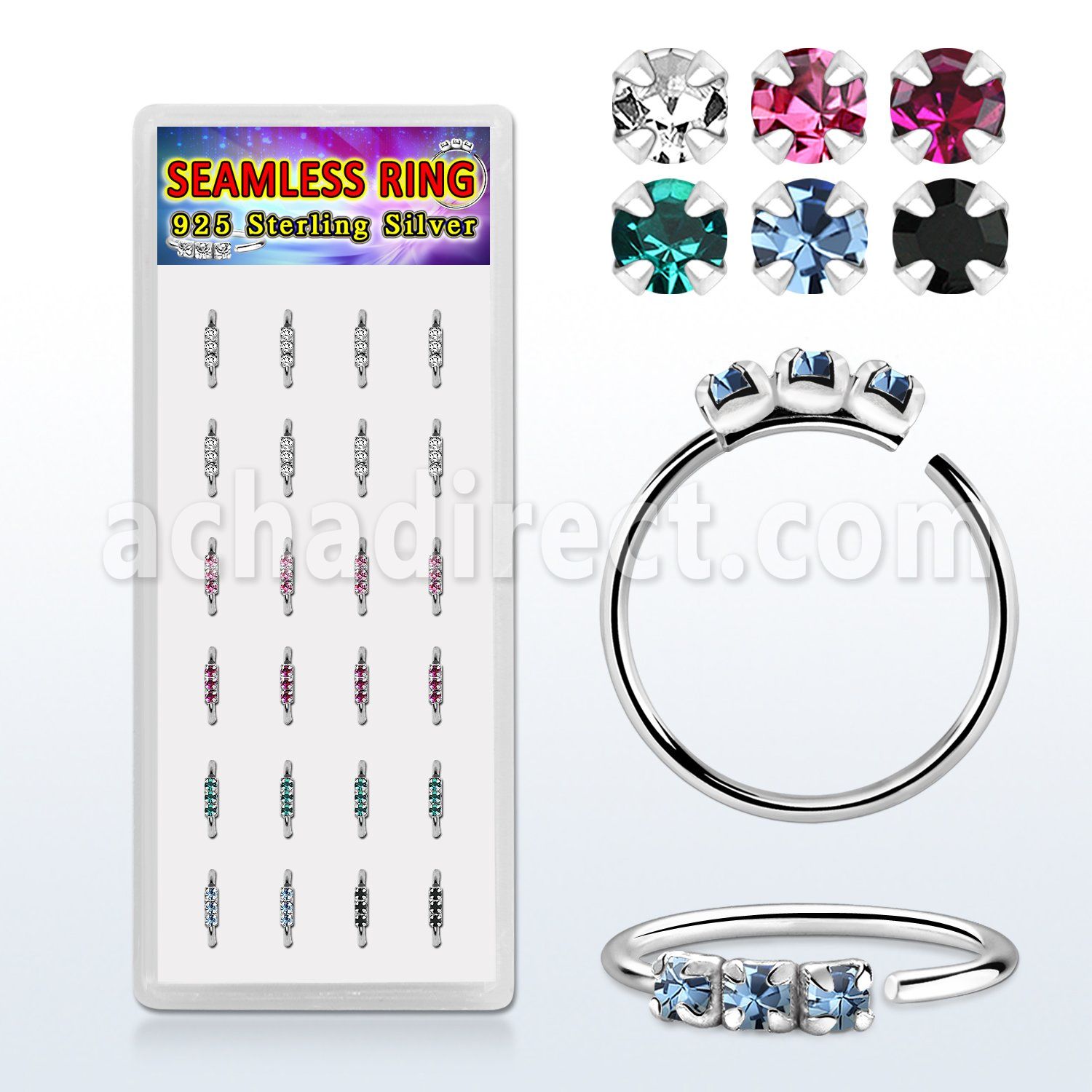 dnsm266 925 silver seamless nose rings 1.5mm prong set color crystals
