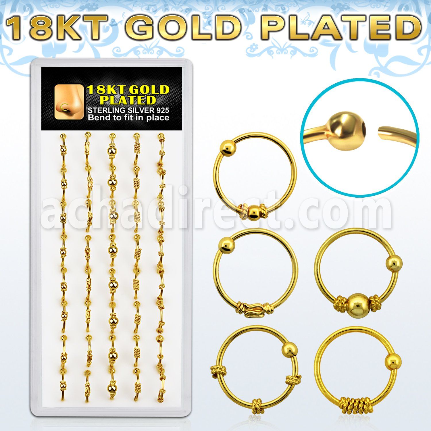 dnsm43 caja display 40 aros nariz plata esterlina 0 6mm oro 18 kts alambre balines 10mm al por mayor