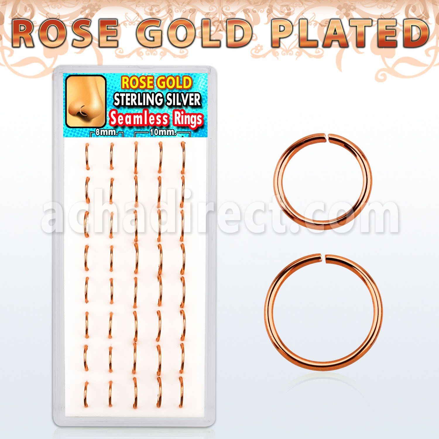 dnsm46 caja 40 aros nariz continuos plata 925 oro rosa 8mm 10mm al por mayor