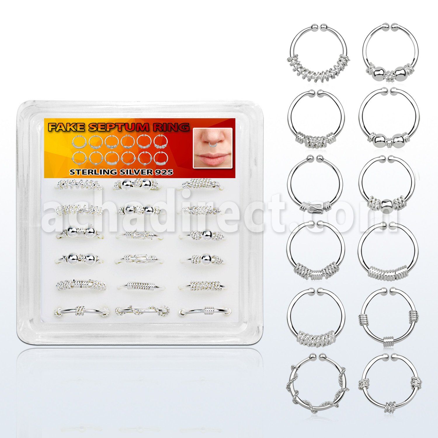 dnsm90 pequena caja 18 anillos septum falsos plata esterlina 1mm disenos variados 12mm distribuidor mayorista