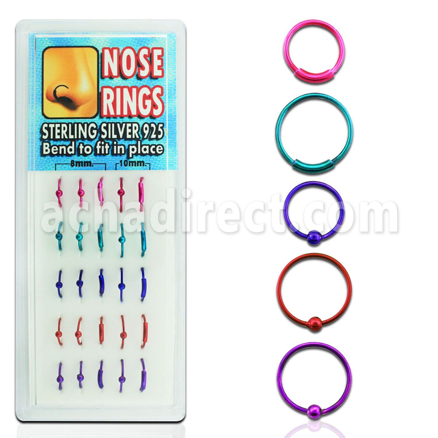 dnsp5 caja display 25 aros nariz plata esterlina colores 0 6mm 15 bola 10 aros continuos distribuidor