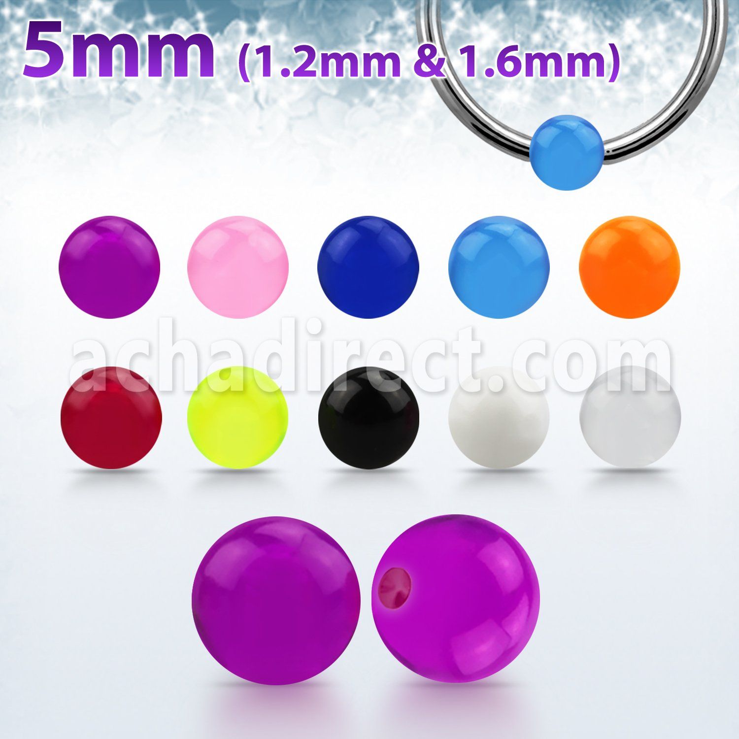 dpvb5 bola 5mm acrIlico uv hendiduras aros bola presion 14g 16g 1.2mm 1.6mm se puede usar tamanos mayorista