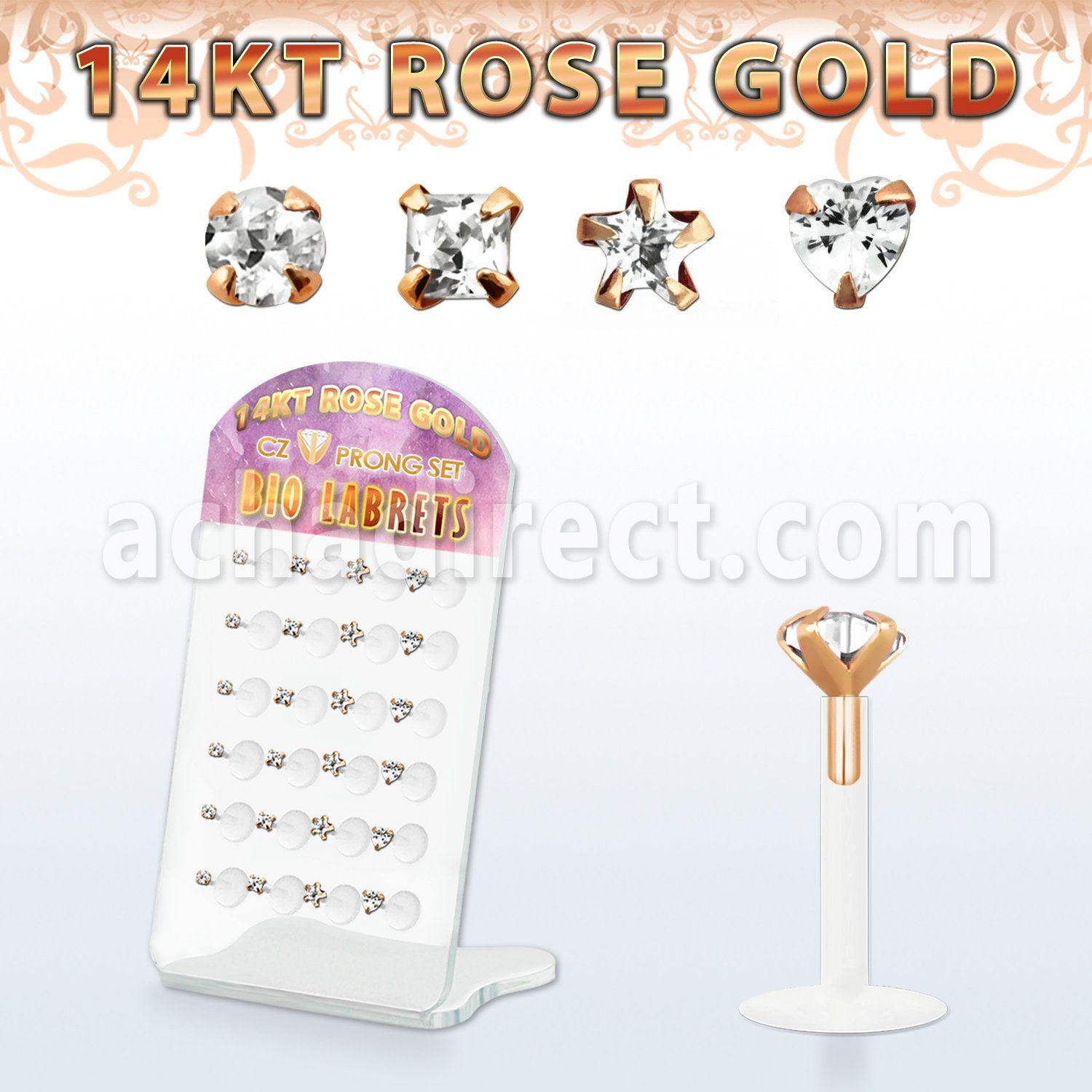 drbimc display 24 labrets bio flex zirconia diversas formas presion superficie oro rosa 14 kts venta