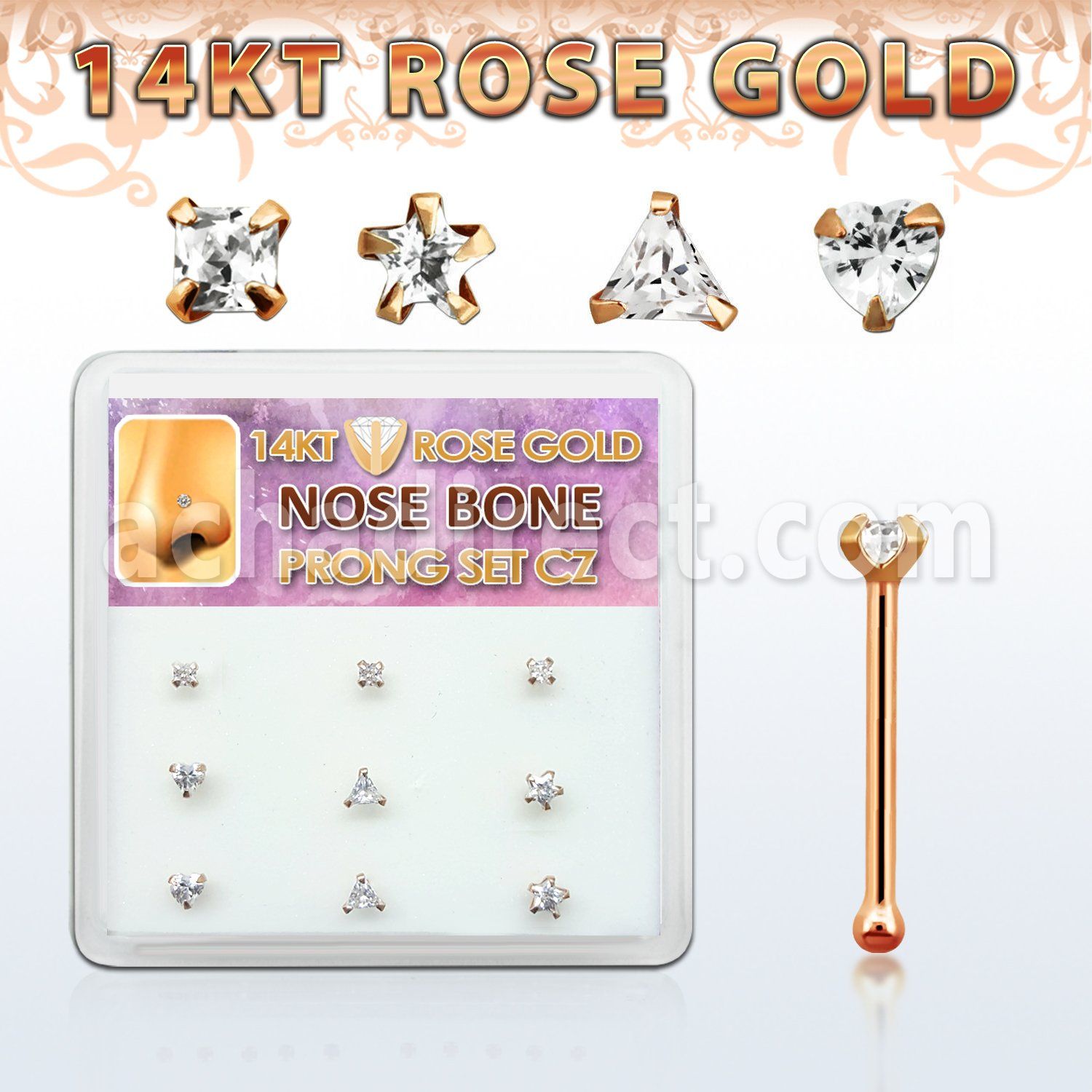 drnb13 caja display 9 piercing nariz hueso oro rosa 14 kts 0 6mm zirconia claras 3mm formas cuadrado estrella tri corazon distribuidor mayorista