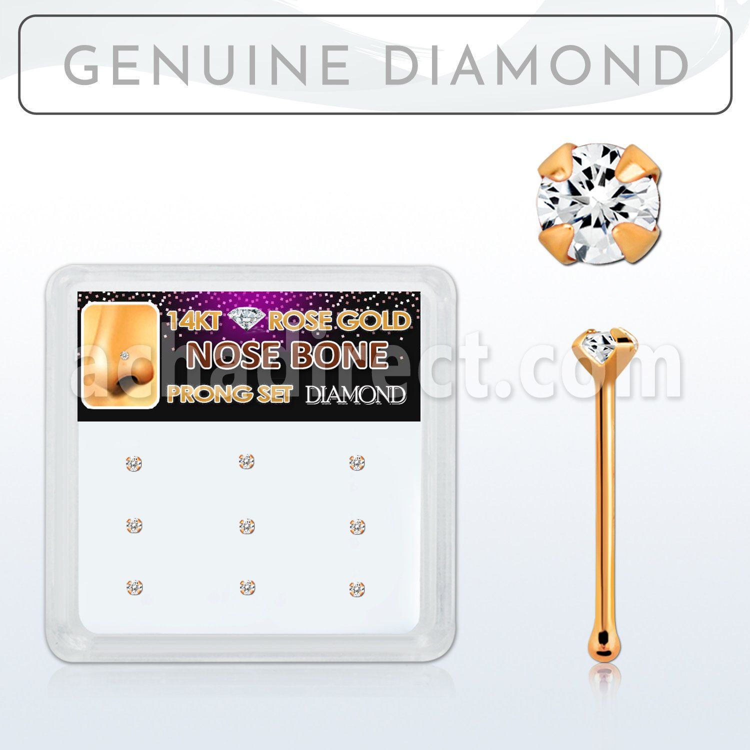 drnb15 caja display 9 piercing nariz hueso oro rosa 14 kts 0 6mm diamantes autenticos redondos 1 5mm distribuidor mayorista