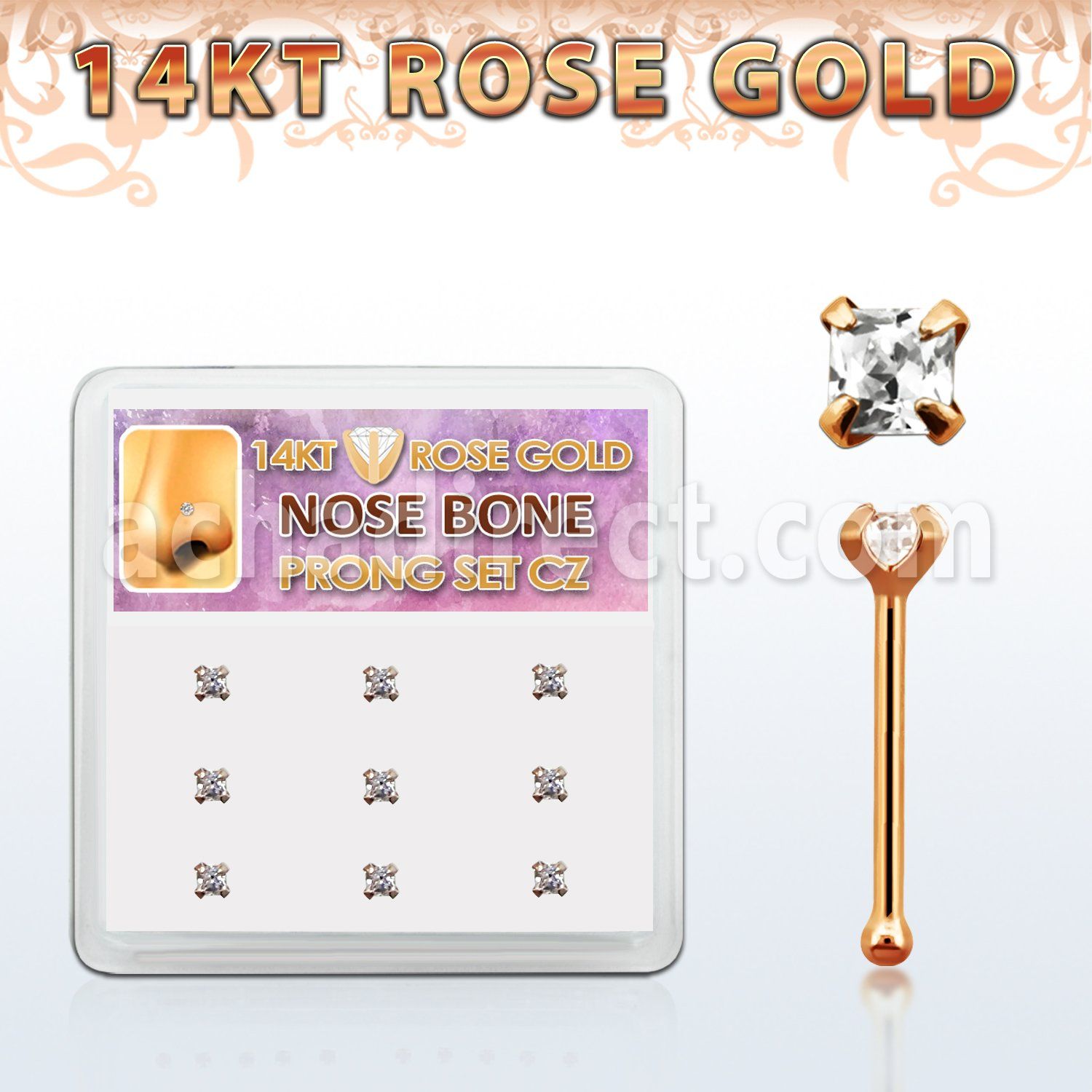 drnb19 caja display 9 piercing nariz hueso oro rosa 14 kts 0 6mm zirconia claras cuadradas 2mm venta