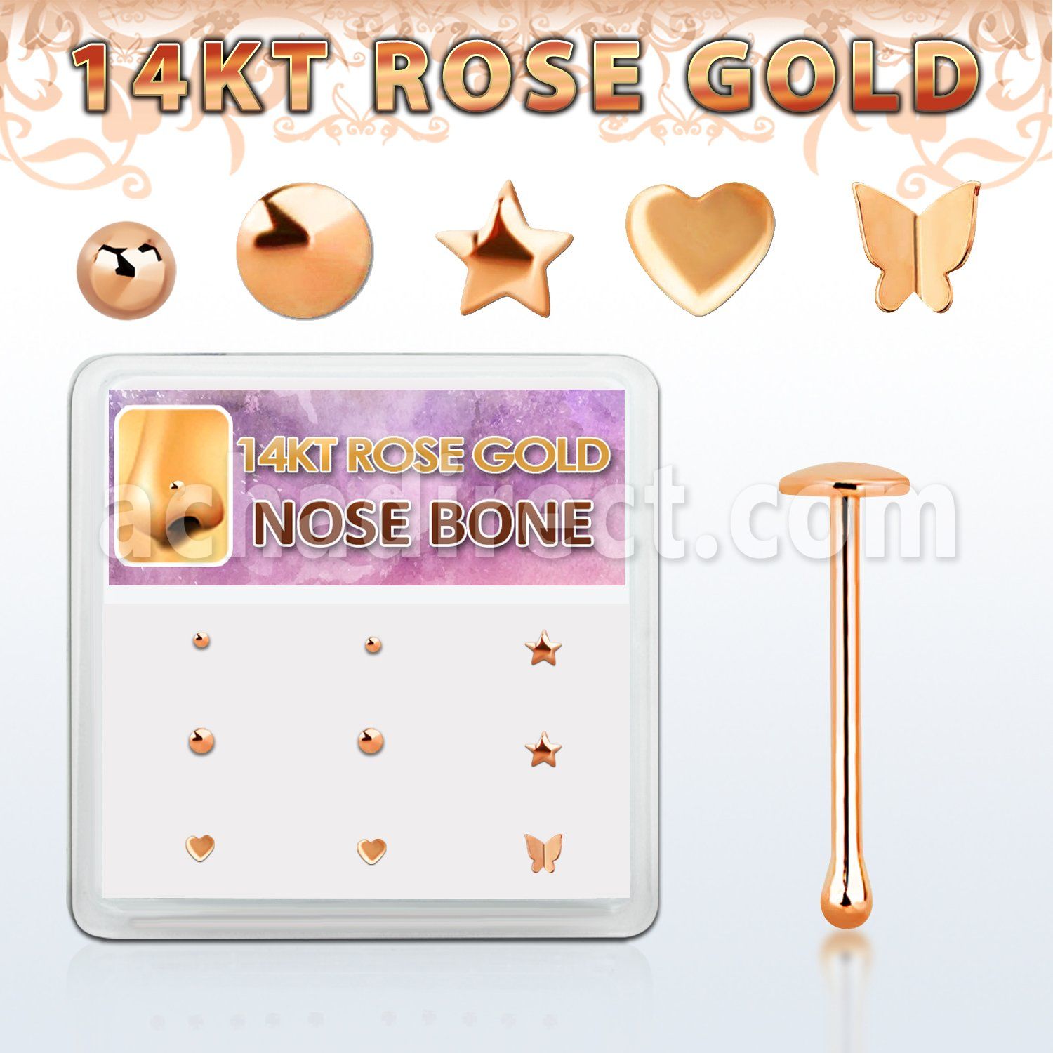 drnb20 caja display 9 piercing nariz hueso oro rosa 14 kts 0 6mm formas bola estrella redonda corazon mariposa distribuidor mayorista