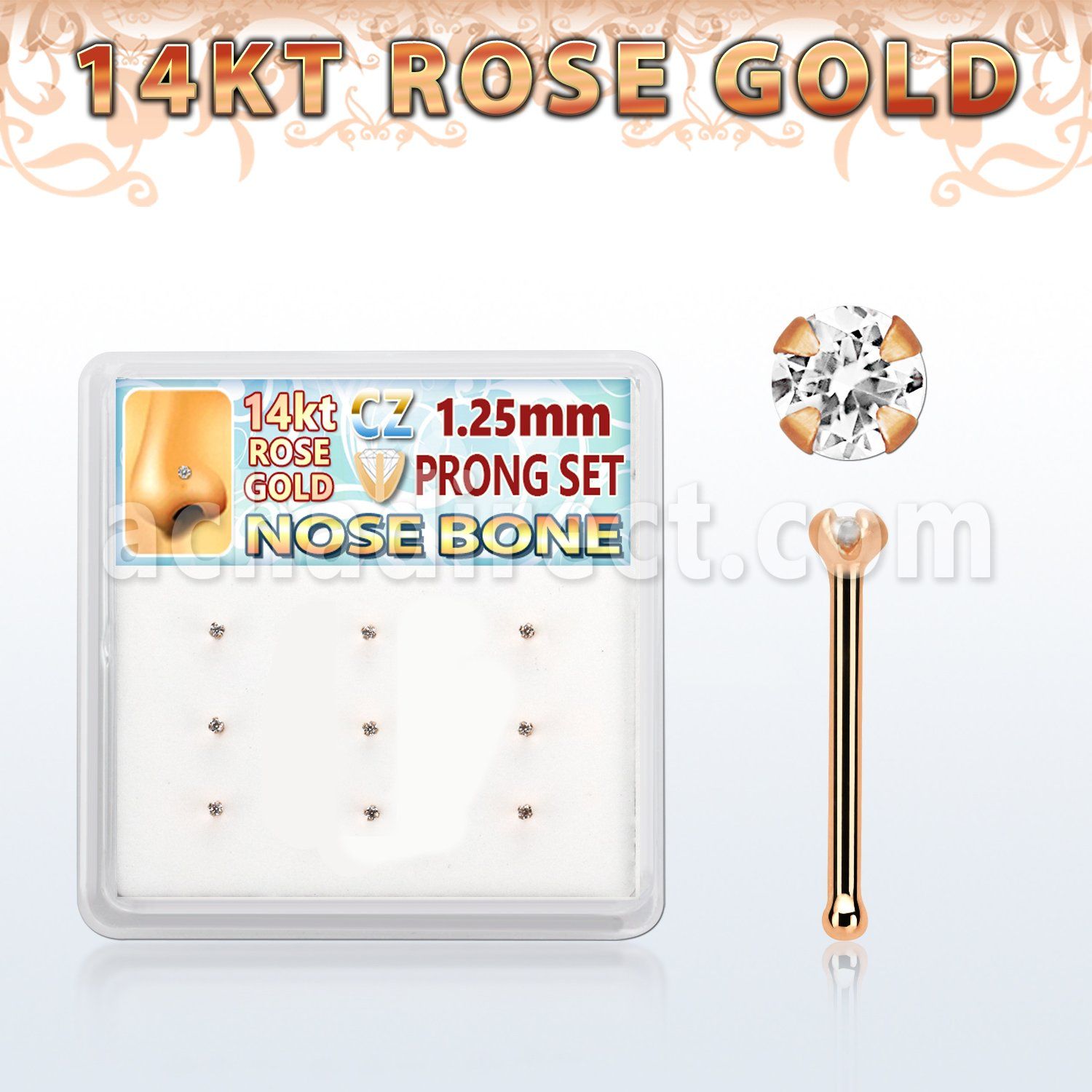 drnb26 caja 9 piercing nariz hueso oro rosa 14 kts 0 6mm zirconia claras redondas 1 25mm distribuidor mayorista