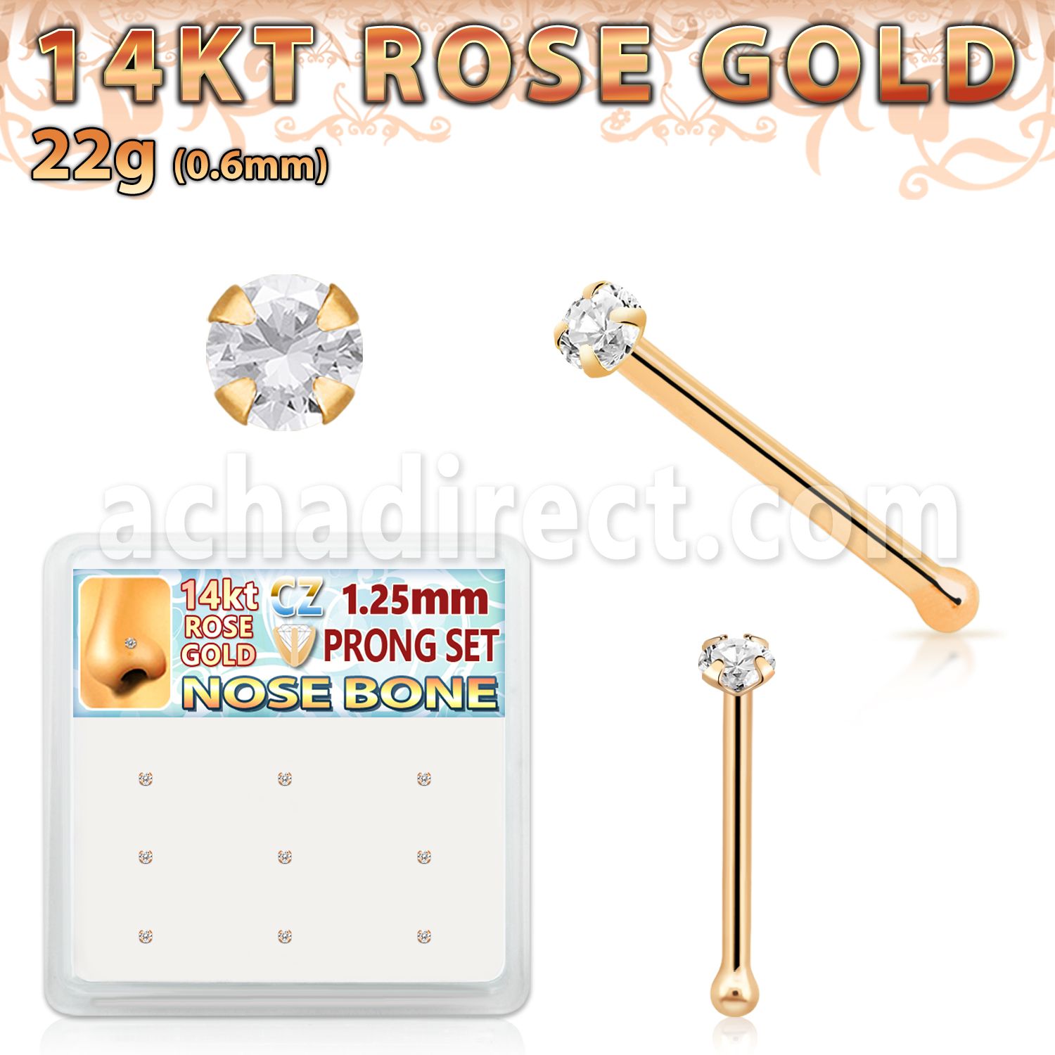 drnb26 caja 9 piercing nariz hueso oro rosa 14 kts 0 6mm zirconia claras redondas 1 25mm distribuidor mayorista