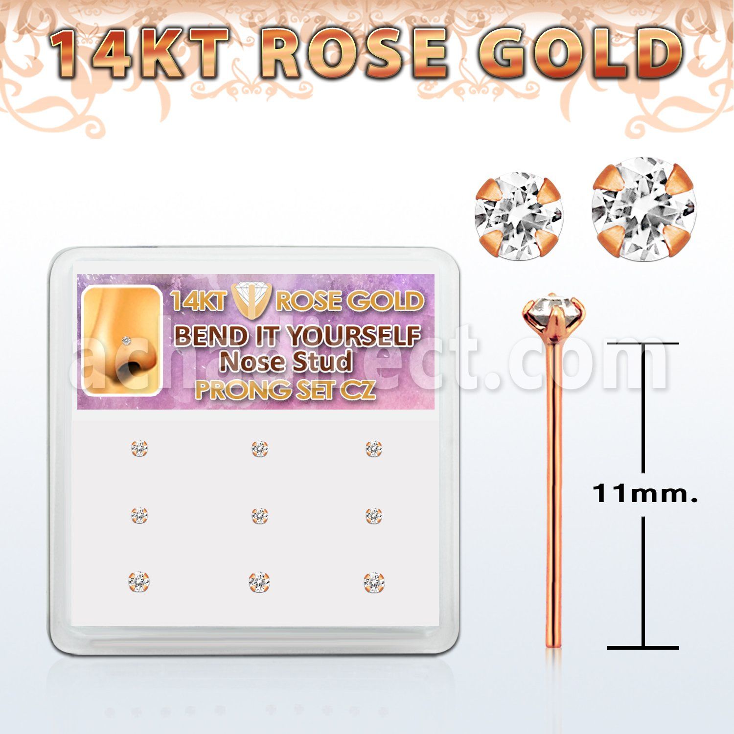 drys11 caja display 9 piercing nariz doblar tu mismo oro rosa 14 kts 0 6mm zirconia redondas claras 1 5mm 2mm al por mayor