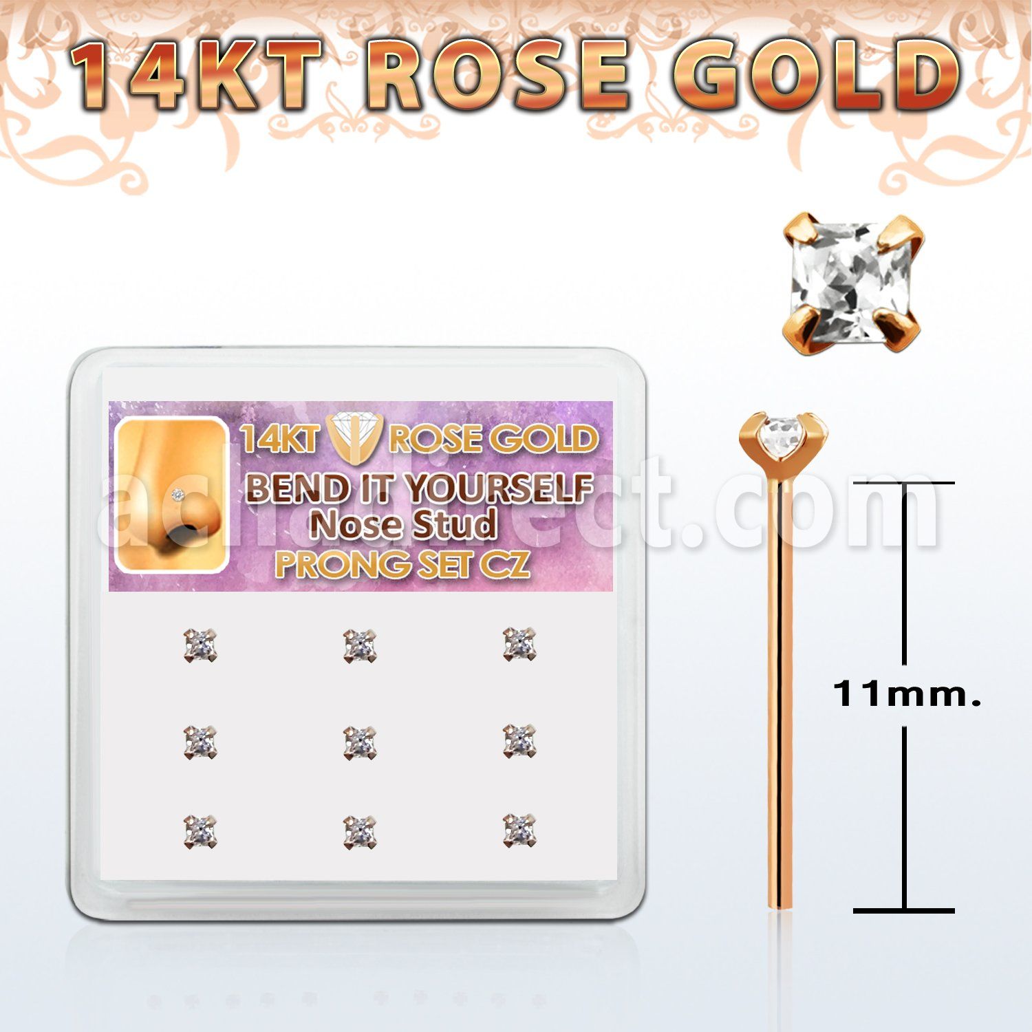 drys24 caja display 9 piercing nariz doblar tu mismo oro rosa 14 kts 0 6mm zirconia clara cuadrada 2mm distribuidor