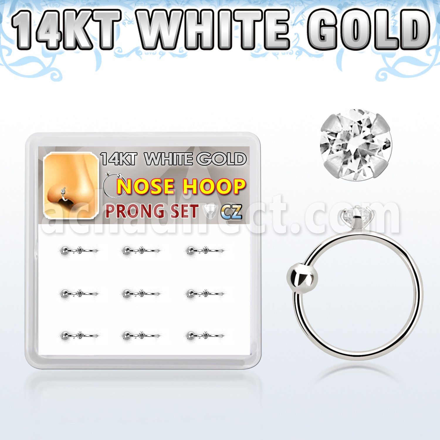 dw14nh4 caja 9 aros nariz oro blanco 14 kts 0 6mm bola cierre zirconia redonda clara 1 5mm al por mayor