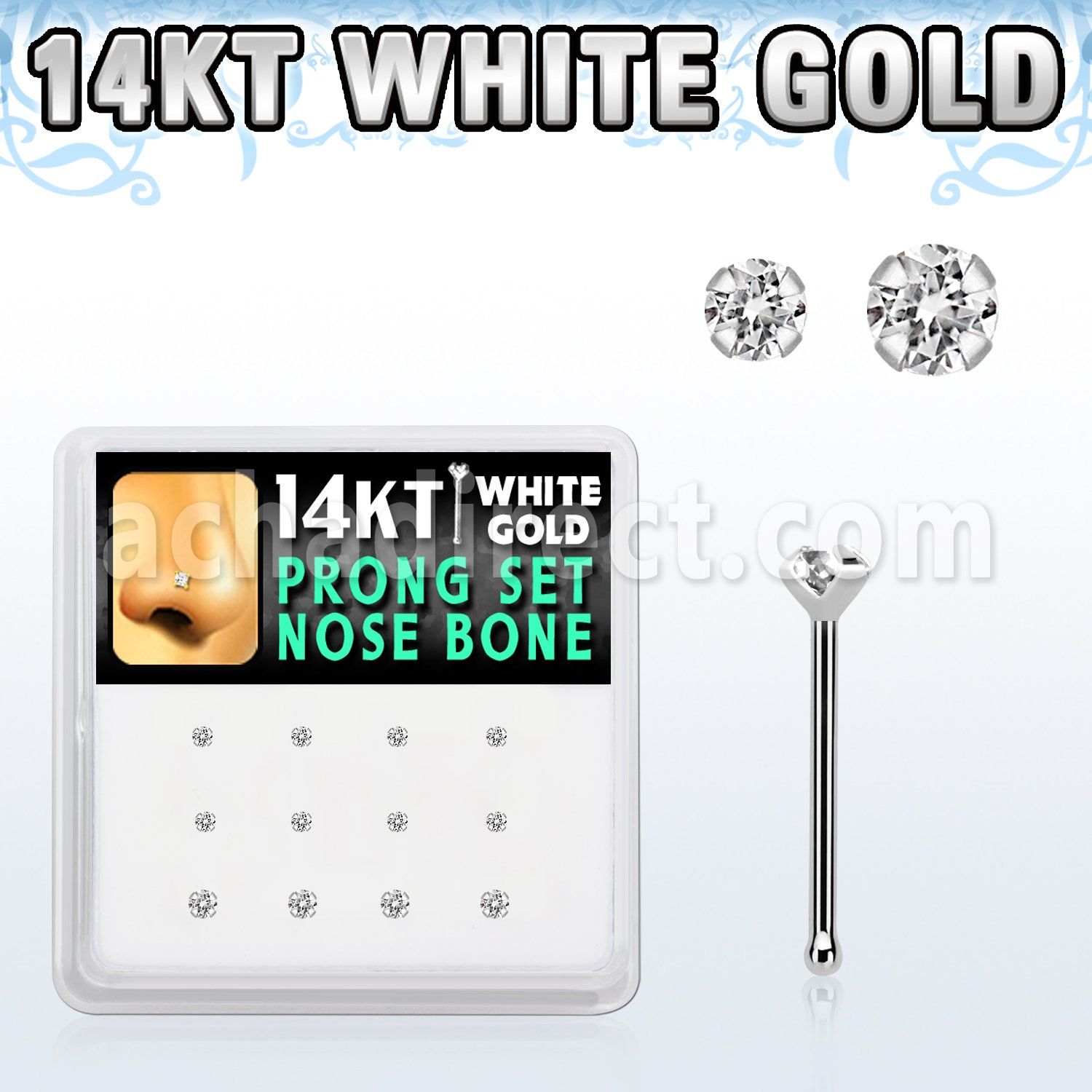 dwnb11 caja 12 piercing nariz hueso oro blanco 14 kts 0 6mm zirconia redonda 1 5mm & 2mm al por mayor
