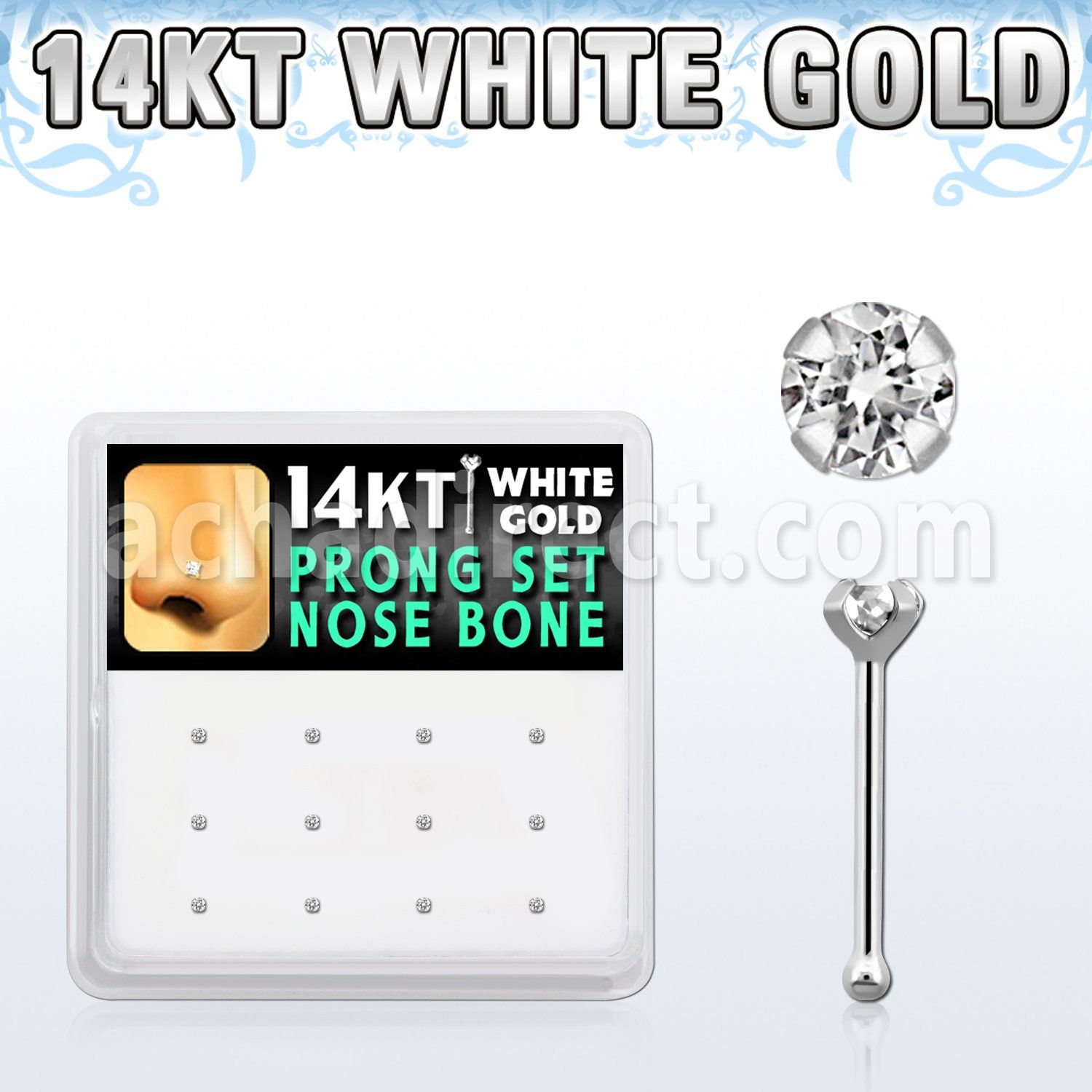 dwnb3 caja display 12 piercing nariz hueso oro blanco 14 kts 0 6mm zirconia redonda clara 1 5mm mayorista