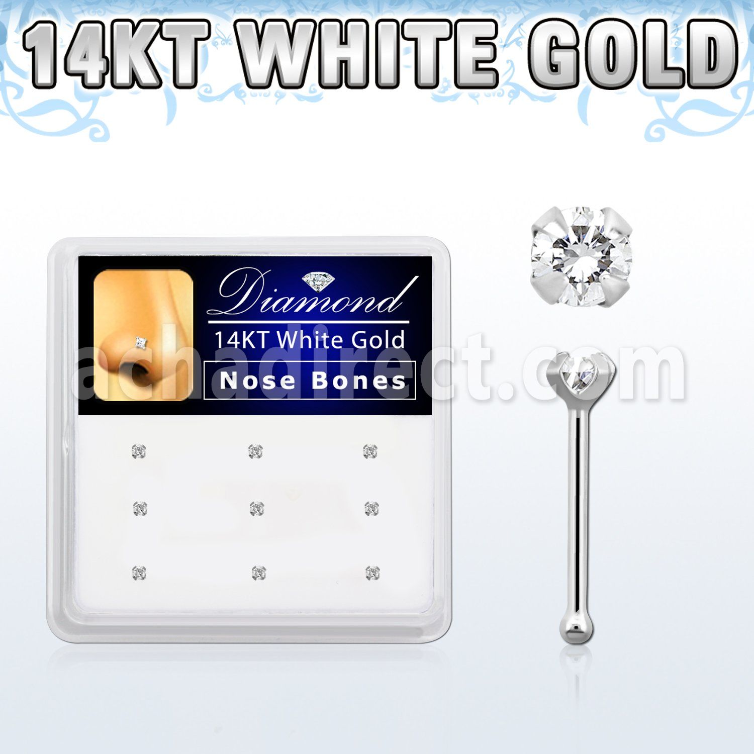 dwnb6 caja display 9 piercing nariz hueso oro blanco 14 kts 0 6mm diamantes redondos claros 1 5mm distribuidor mayorista
