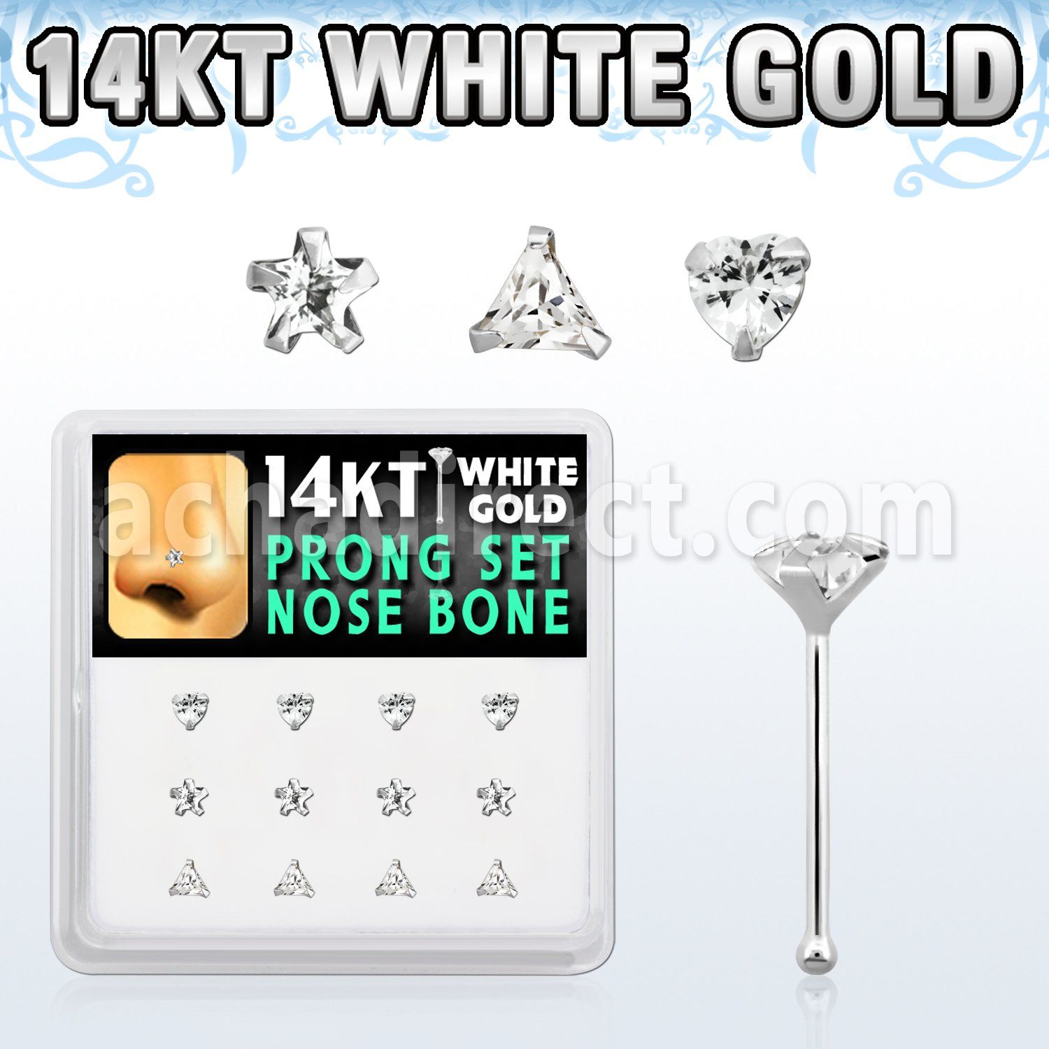 dwnb9 caja 12 piercing nariz hueso oro blanco 14 kts 0 6mm zirconia 3mm formas estrella tri corazon mayorista