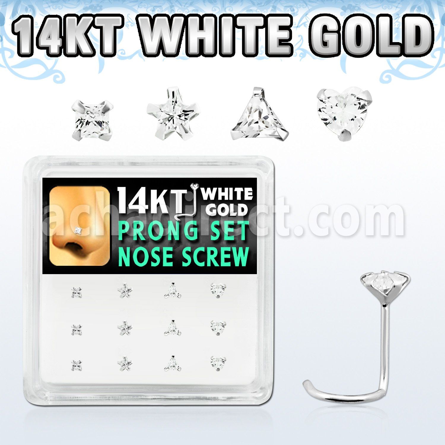 dwsc13 caja 12 piercing nariz l oro blanco 14 kts 0 6mm zirconia claras 3mm formas cuadrada estrella tri corazon distribuidor