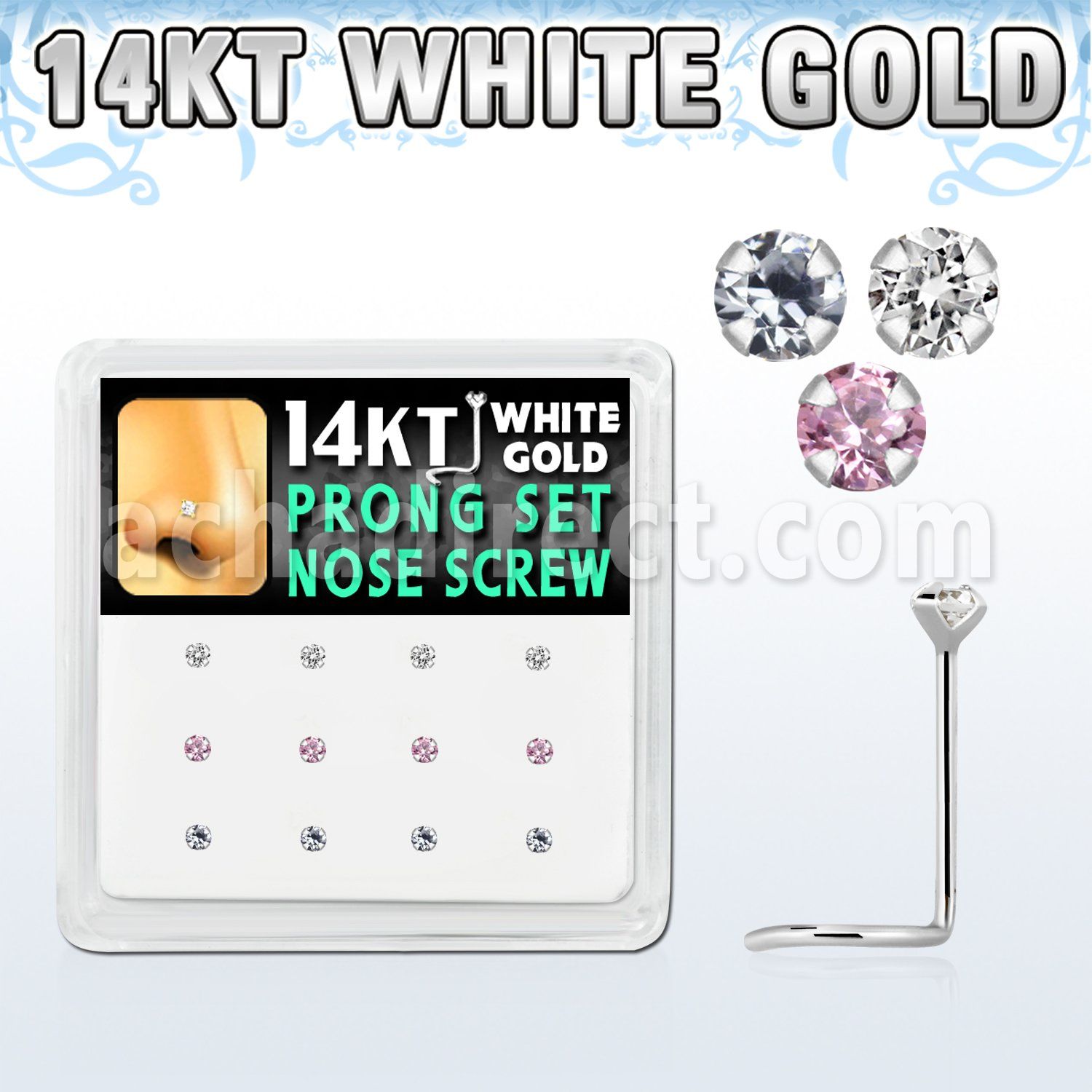 dwsc4 caja 12 piercing nariz l oro blanco 14 kts 0 6mm zirconia redondas 2mm al por mayor