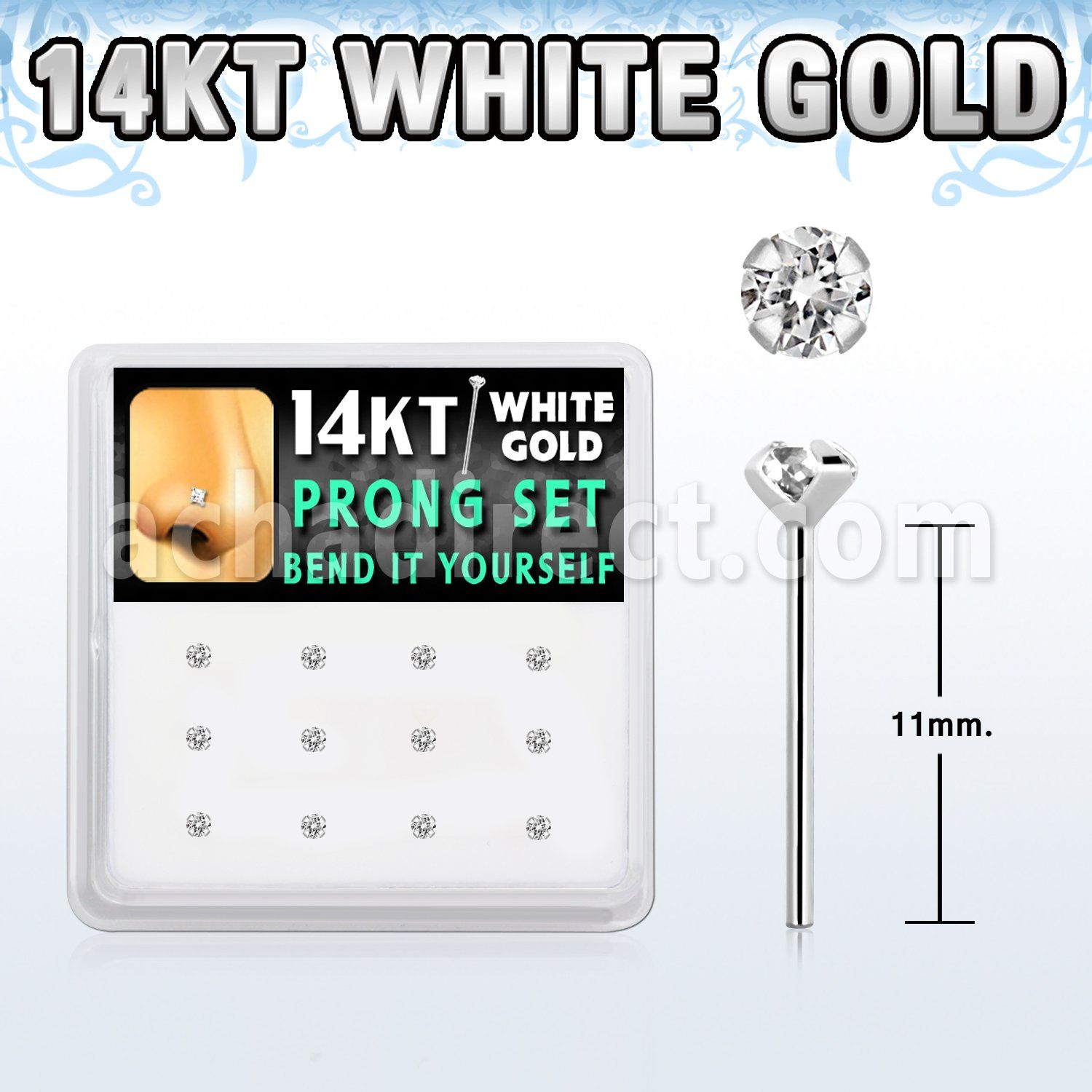 dwys1 caja 12 piercing nariz doblar tu mismo oro blanco 14 kts 0 6mm zirconia redonda 2mm distribuidor mayorista