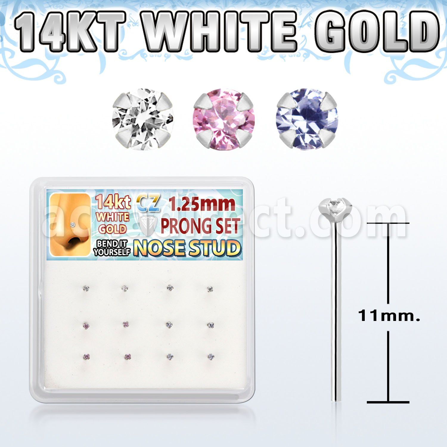 dwys23 caja 12 piercing nariz doblar tu mismo oro blanco 14 kts 0 6mm zirconia redondas colores 1 25mm distribuidor