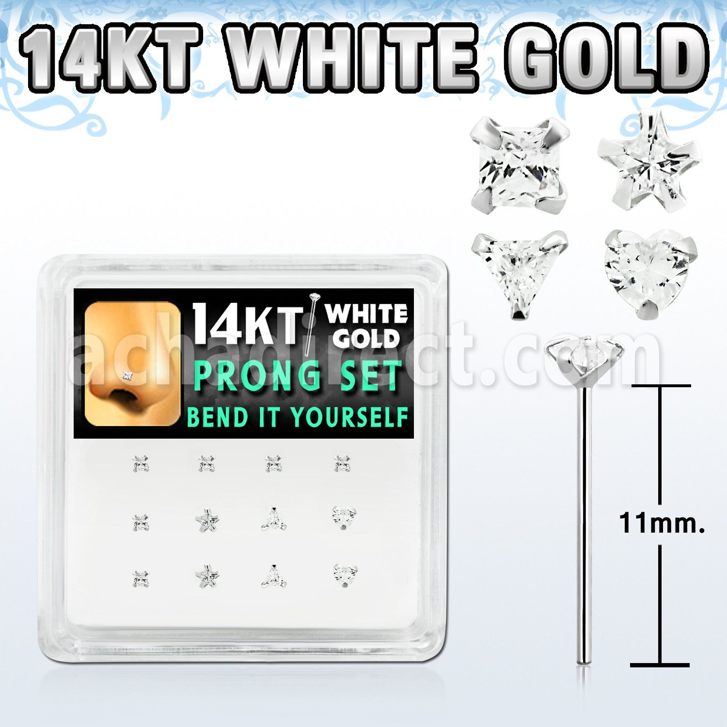 dwys8 caja 12 blanco piercing nariz doblar tu mismo oro 14 kts 0 6mm zirconia formas cuadrado estrella tri corazon venta por mayor