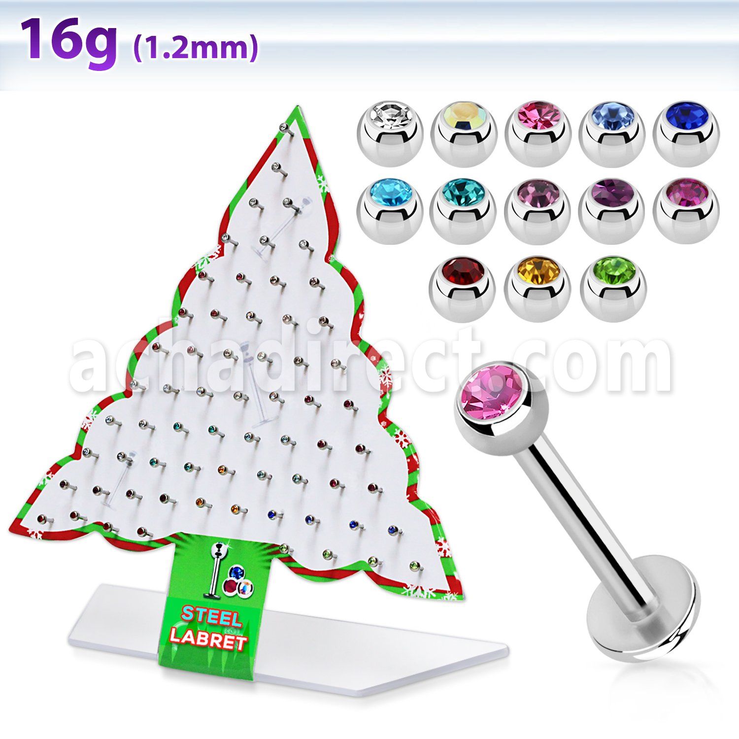 dxmas2 display acrilico arbol navidad 64 labret acero quirurgico bola joya bisel 3mm cristal claro 6mm 8mm venta