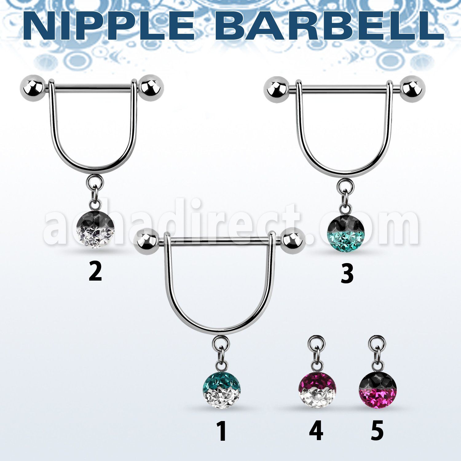 efrsnp6 barbell pezon estribo acero quirurgico bolas 5mm bola 6mm multi cristal ferido colores al por mayor