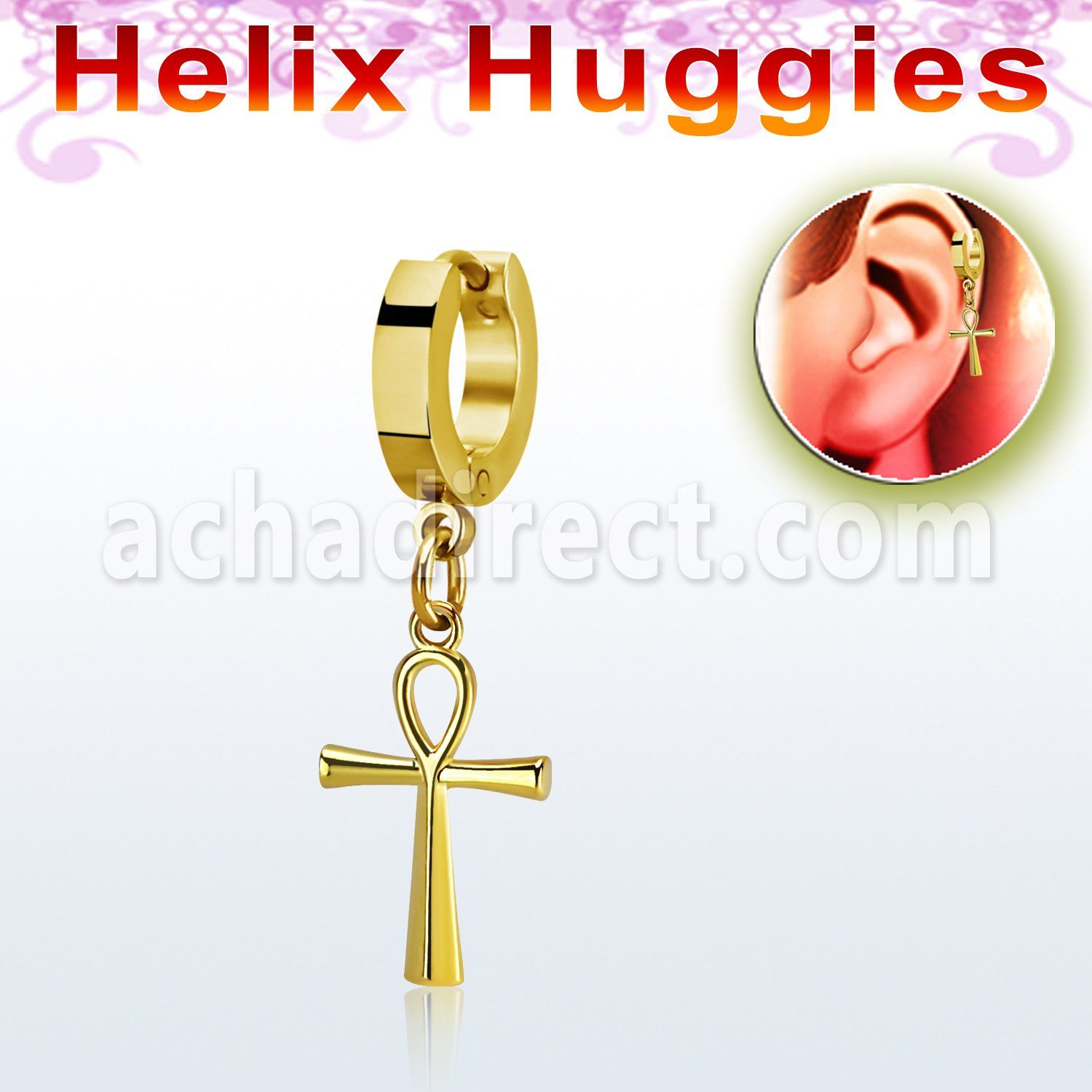 ehg769 pendiente huggie helix acero inoxidable pvd dorado colgante cruz ankh oro distribuidor mayorista