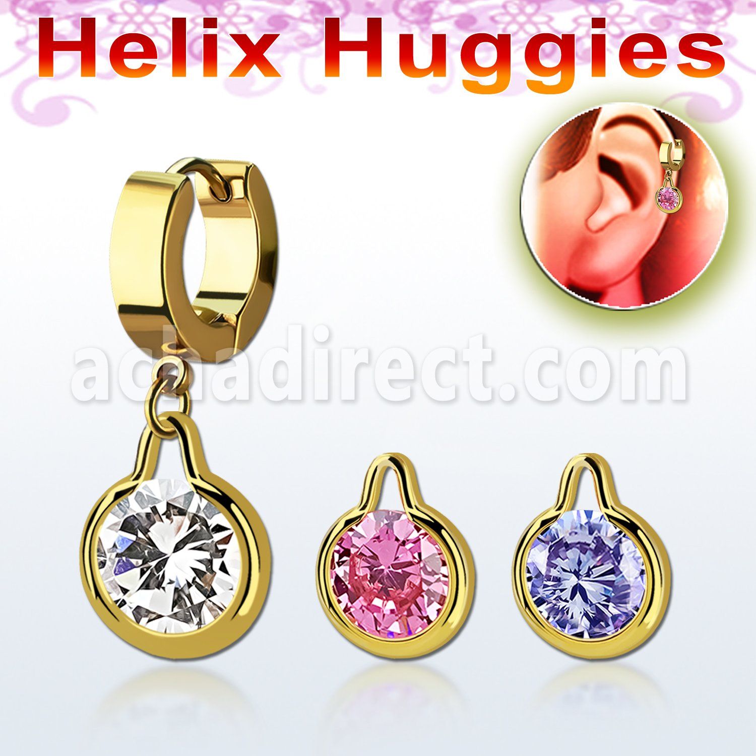 ehgz417 pendiente huggie helix acero inoxidable pvd dorado colgante redondo zirconia medio oro mayorista