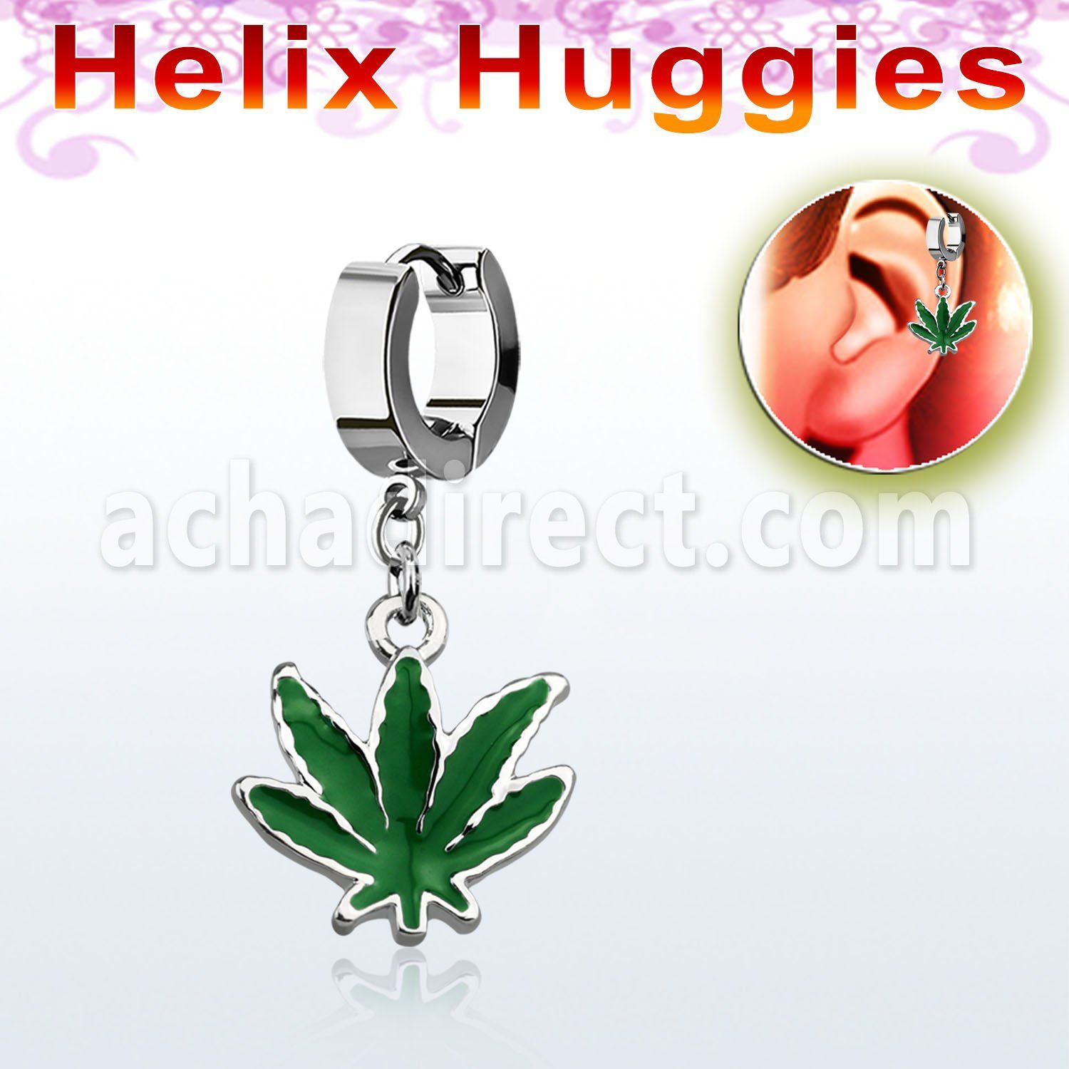 ehh432 pendiente huggie helix acero inoxidable hoja marihuana pintada verde se vende por pieza al por mayor