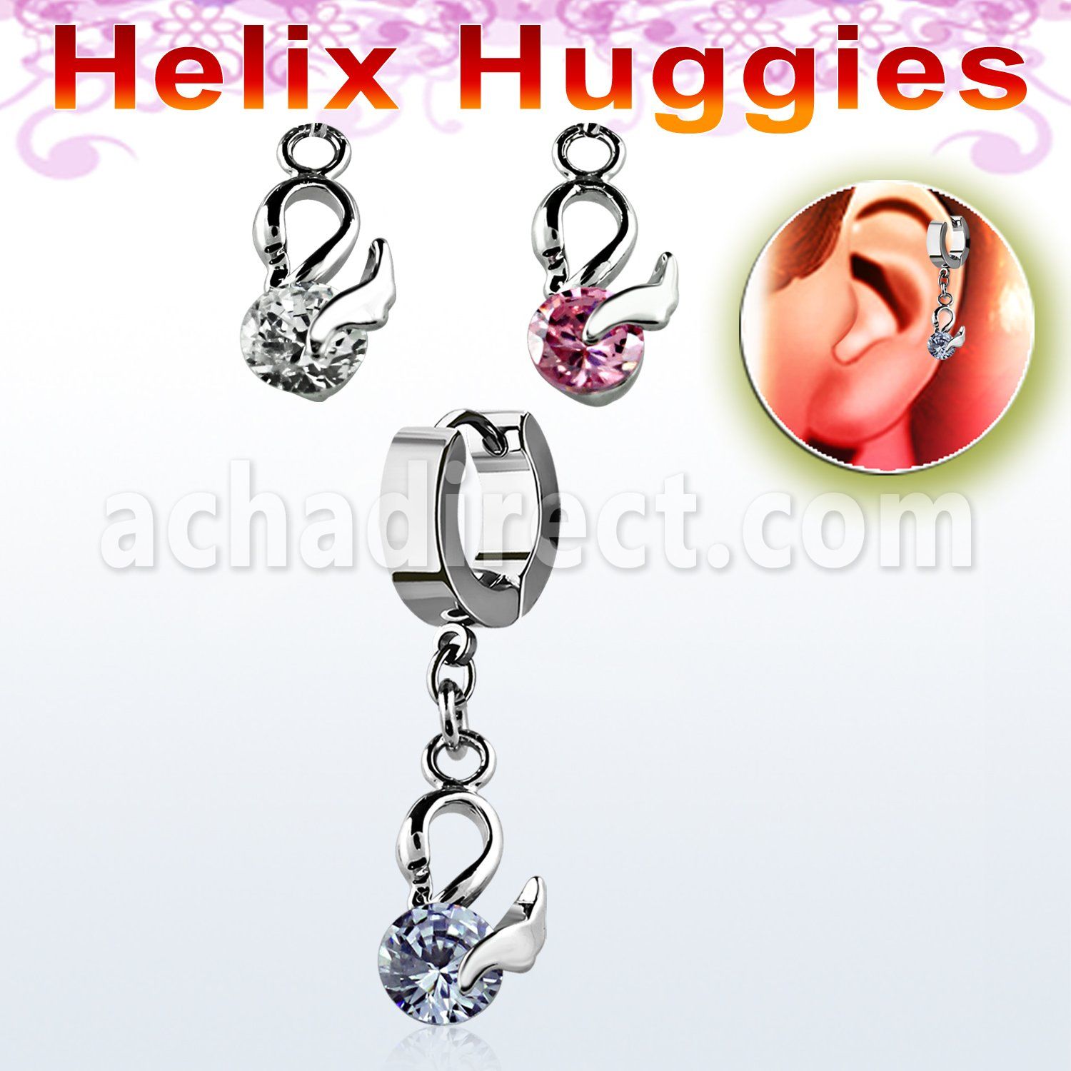 ehhz376 pendiente huggie helix acero inoxidable cisne colgado zirconia redonda se vende por pieza al por mayor