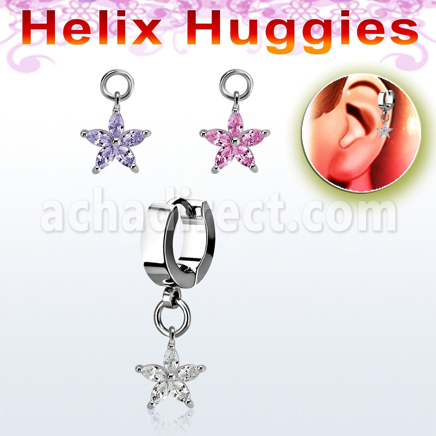ehhz413 pendiente huggie helix acero inoxidable colgante flor zirconia plata venta