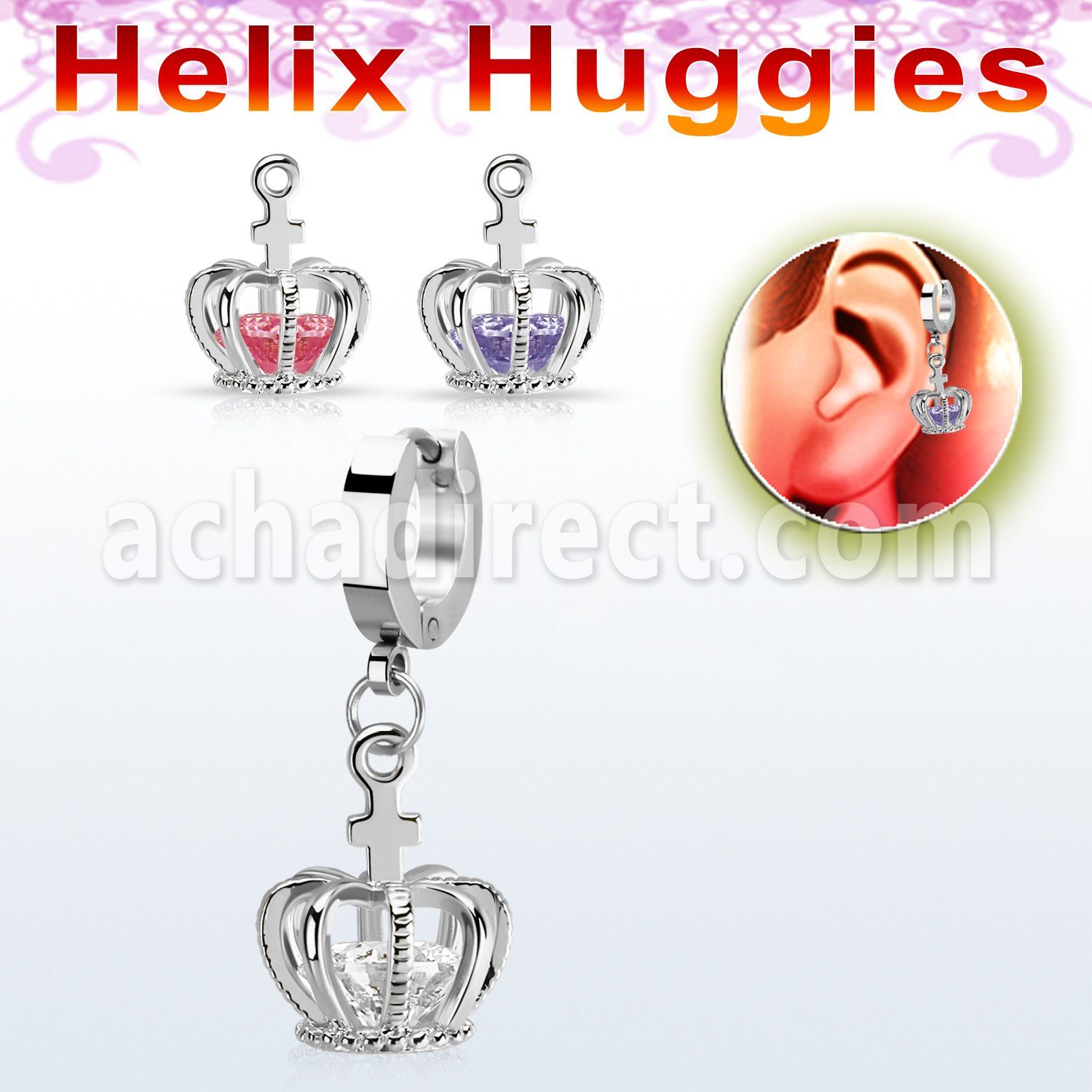 ehhz590 pendiente huggie helix acero inoxidable colgante corona zirconia plata & mayorista