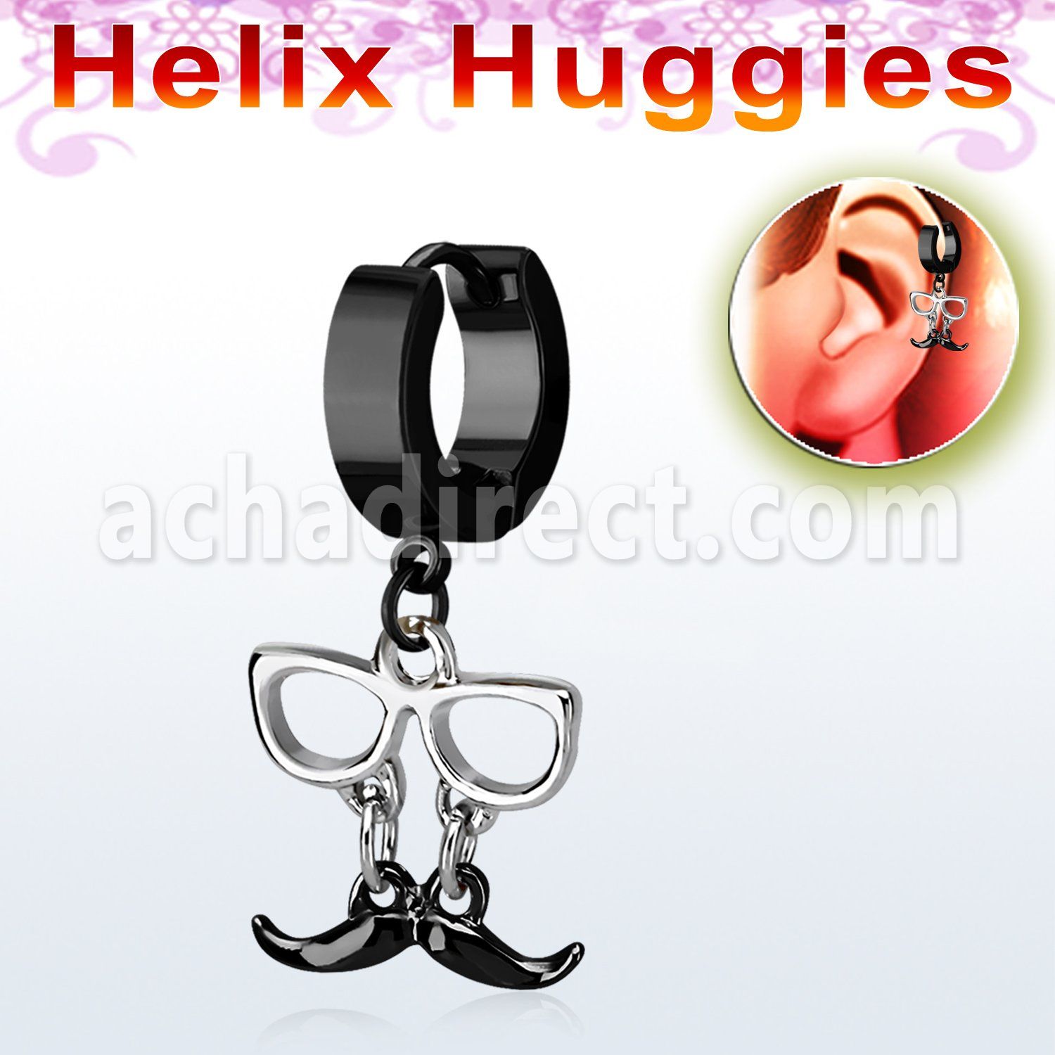 ehk507 pendiente huggie helix acero inoxidable pvd negro bigote negro colgado gafas se vende por pieza al por mayor
