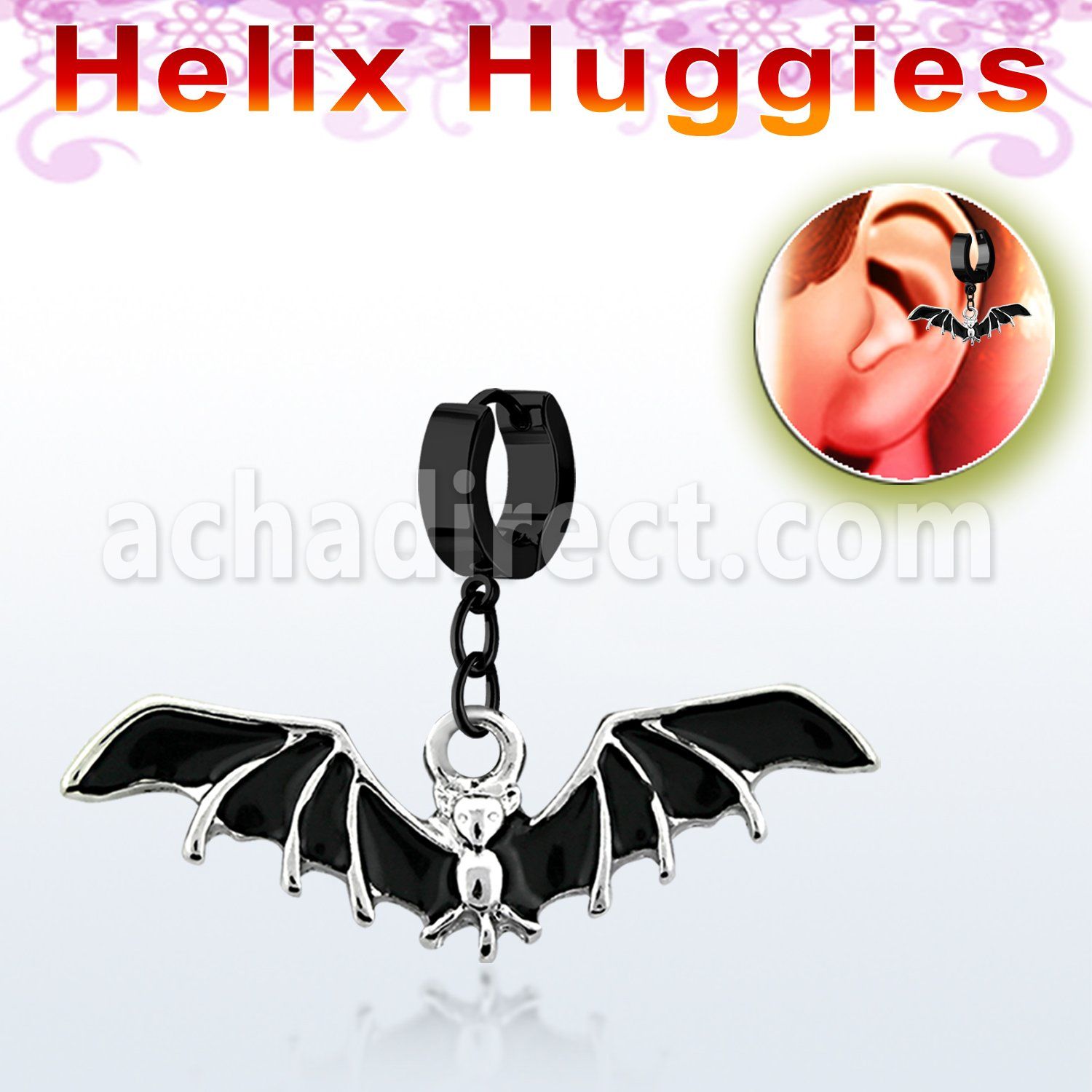 ehk569 pendiente huggie helix acero inoxidable pvd negro murcielago negro colgado se vende por pieza venta