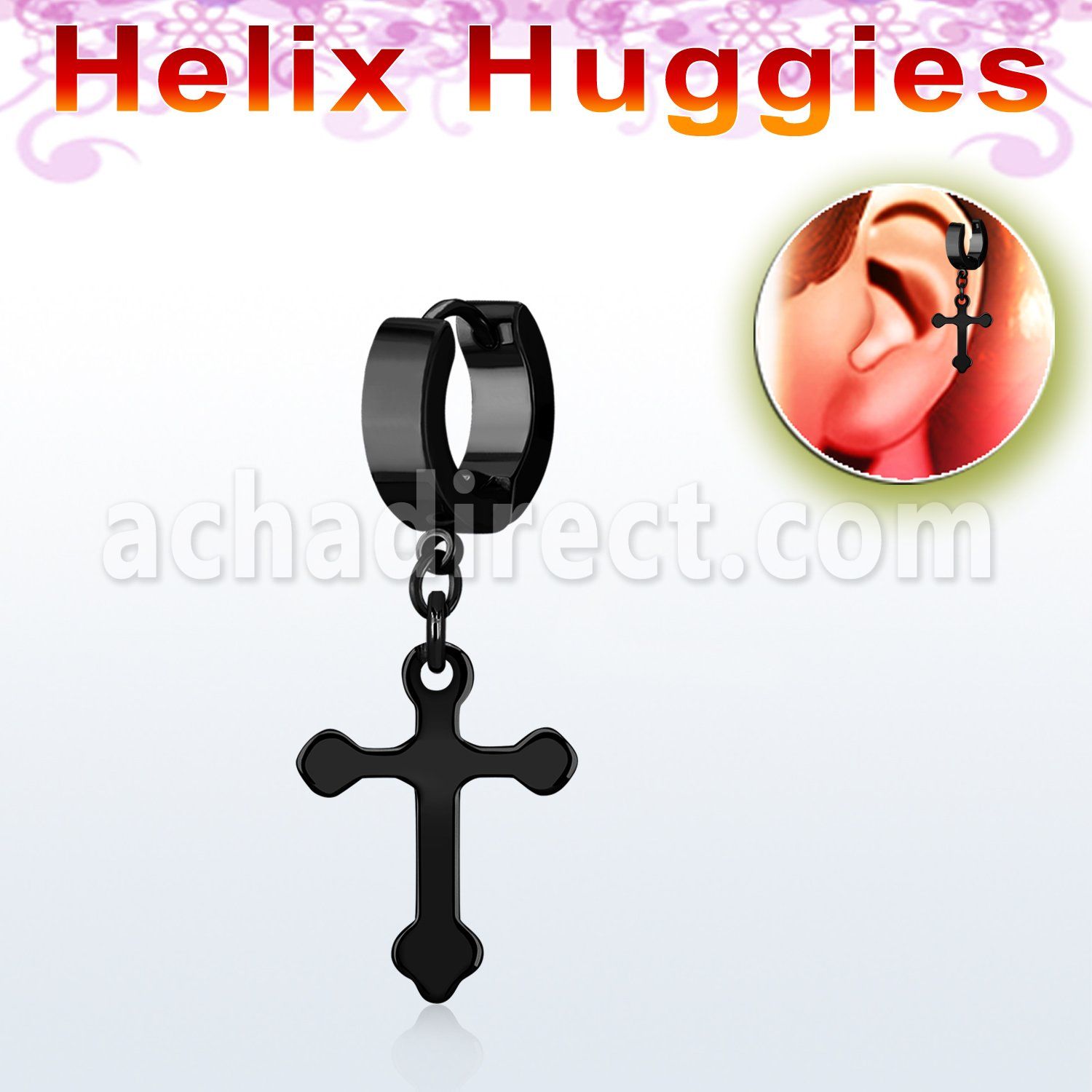 ehkcro pendiente huggie helix pvd negro cruz acero mayorista