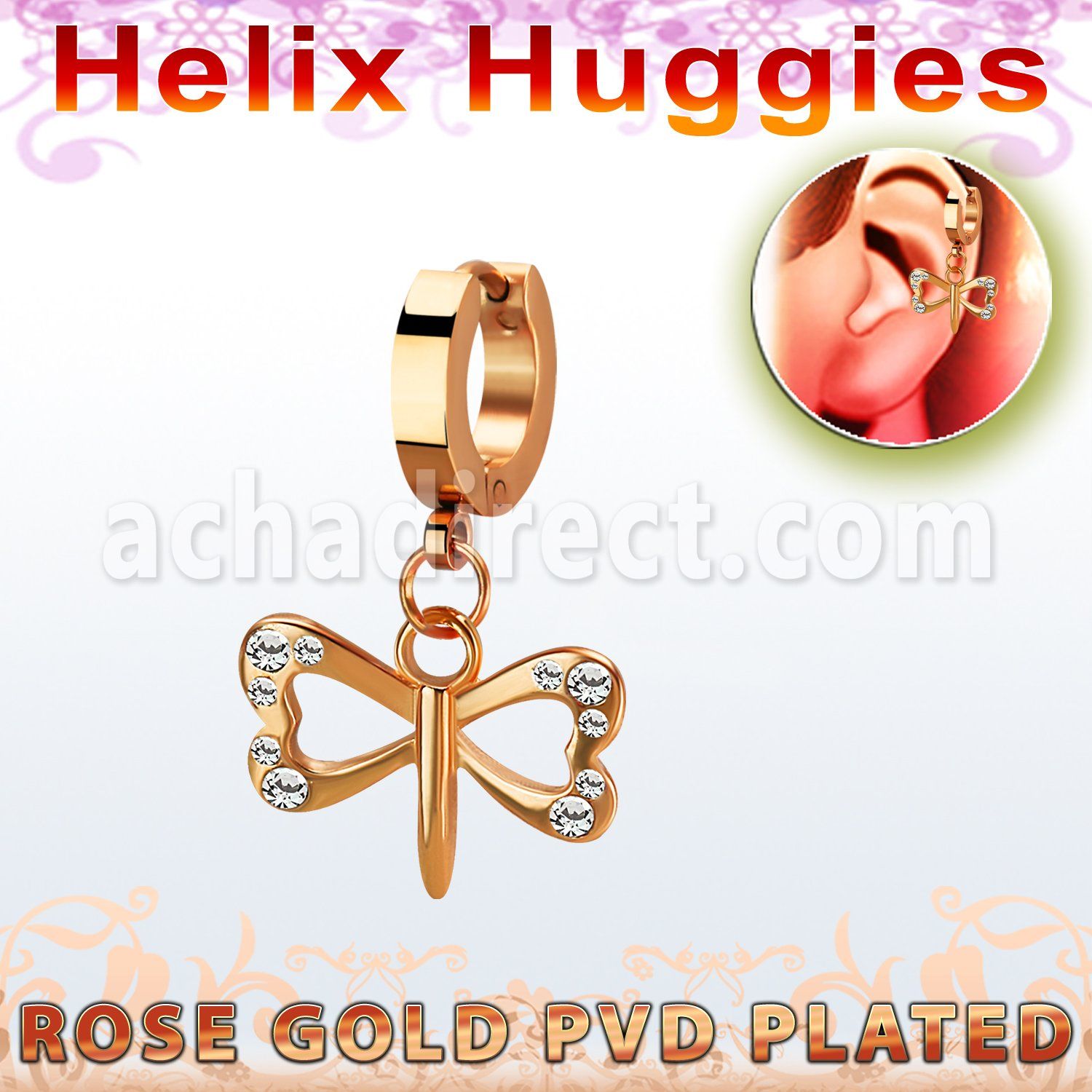 ehr761 pendiente huggie helix acero inoxidable chapado pvd oro rosa colgante cristal pequena libelula colgante laton chapado oro rosa