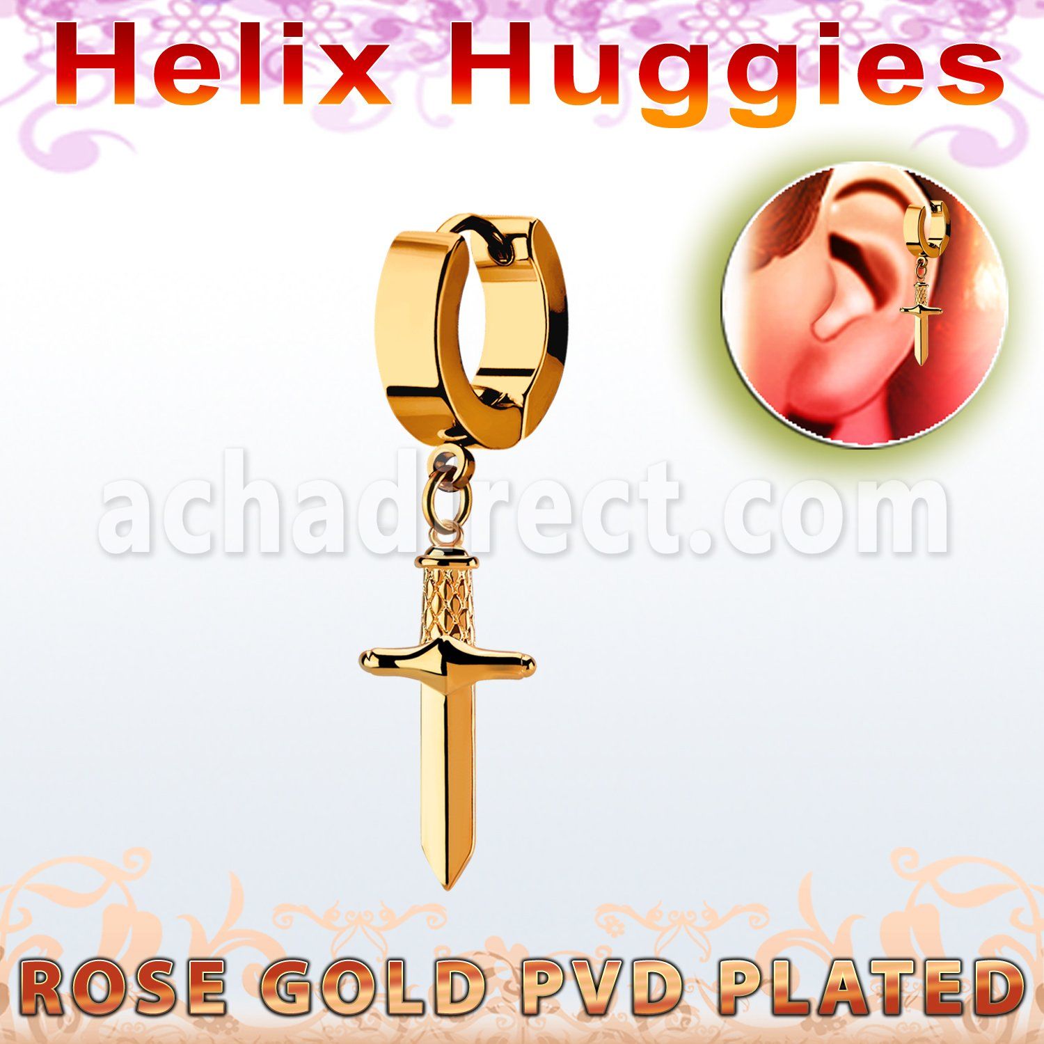 ehr768 pendiente huggie helix acero inoxidable chapado pvd oro rosa colgante punal colgante laton chapado oro rosa
