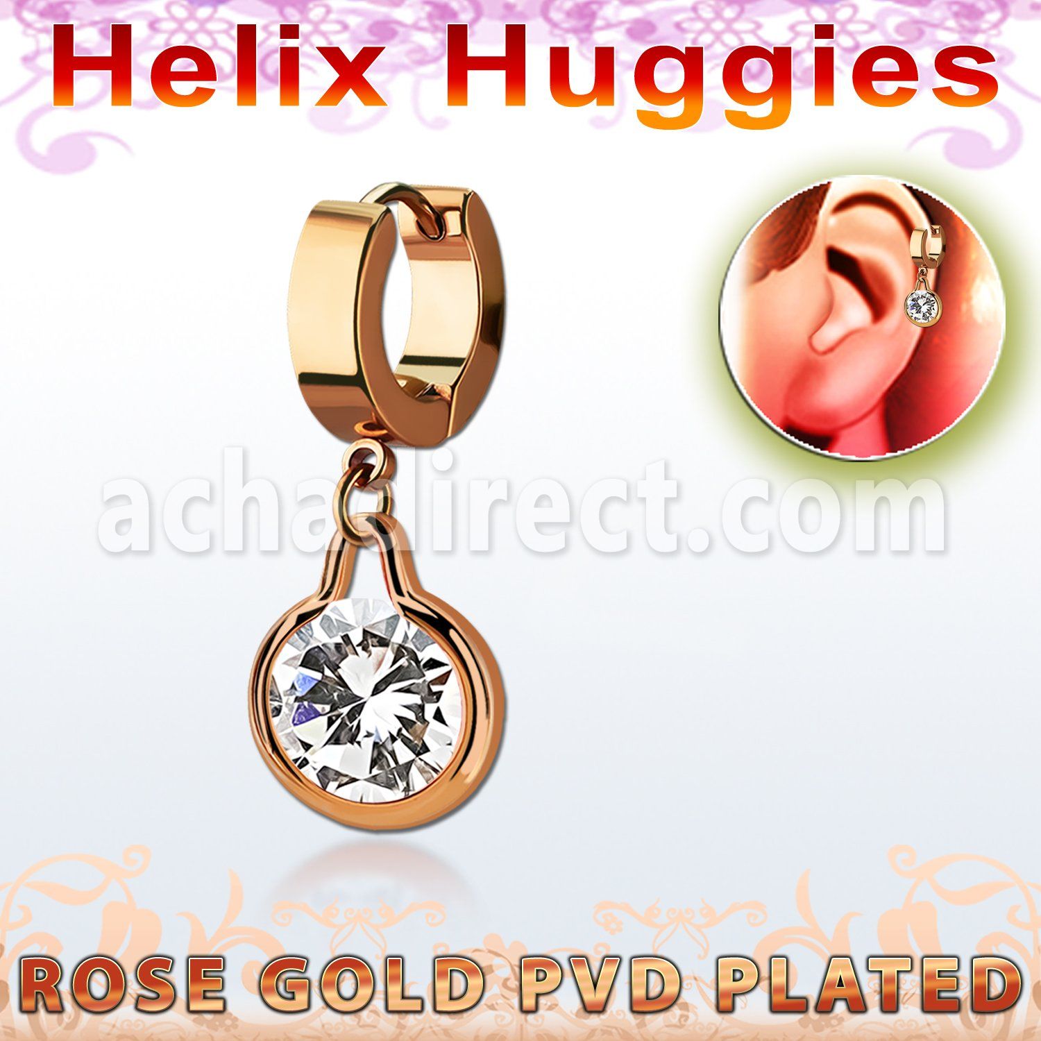 ehrz417 pendiente huggie helix acero inoxidable pvd oro rosa colgante redondo zirconia medio oro rosa al por mayor