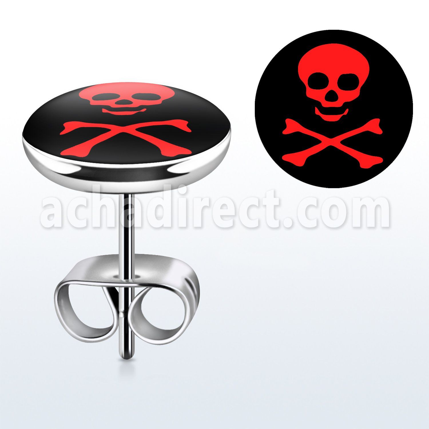 er197 par piercings oreja acero inoxidable logo calavera roja huesos cruzados fondo negro 10mm distribuidor