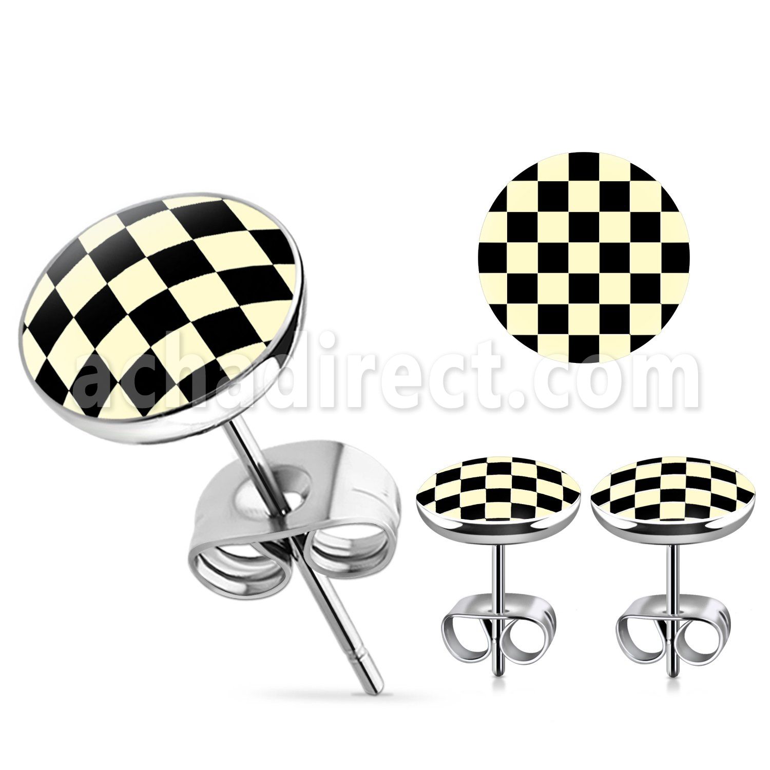 er205 par piercings oreja acero inoxidable logo cuadros negros blancos 10mm al por mayor