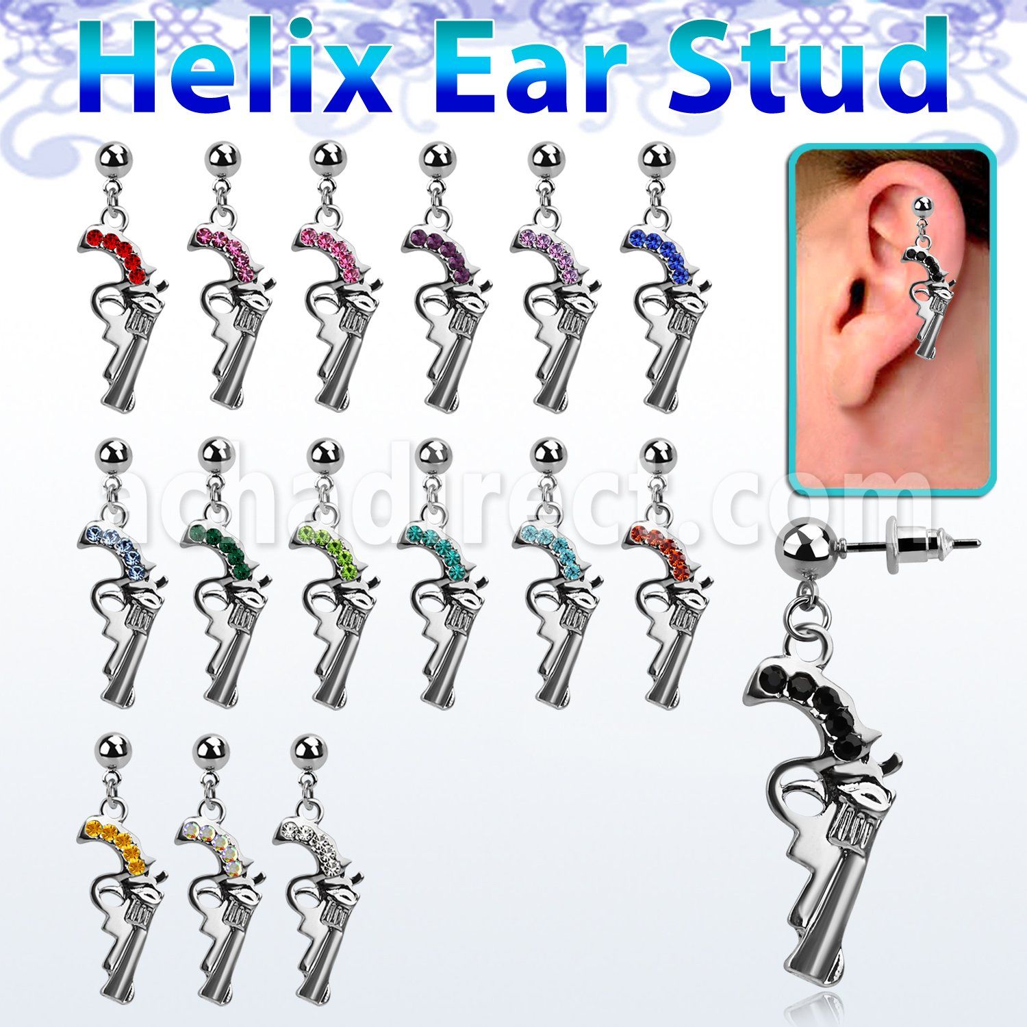 erbd358 piercing oreja helix acero quirurgico bola pistola cristal vendido por pieza distribuidor mayorista