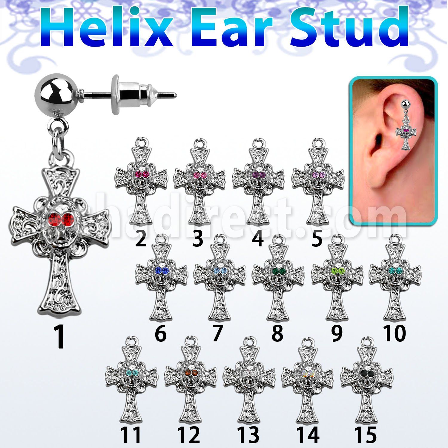erbd694 piercing oreja helix acero quirurgico bola cruz calavera ojos cristal vendido por pieza al por mayor