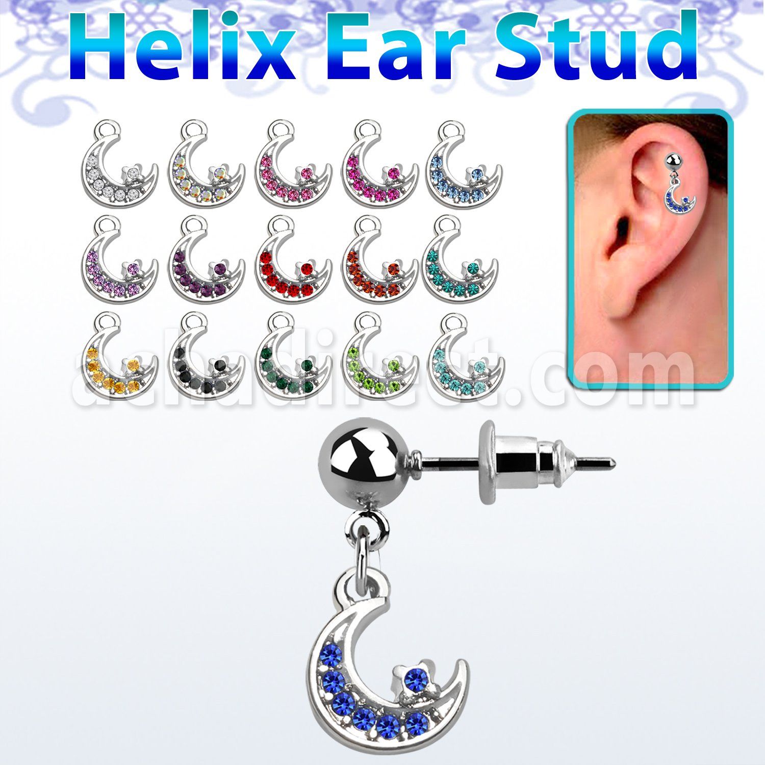 erbd734 piercing oreja helix acero quirurgico bola luna cristal vendido por pieza mayorista