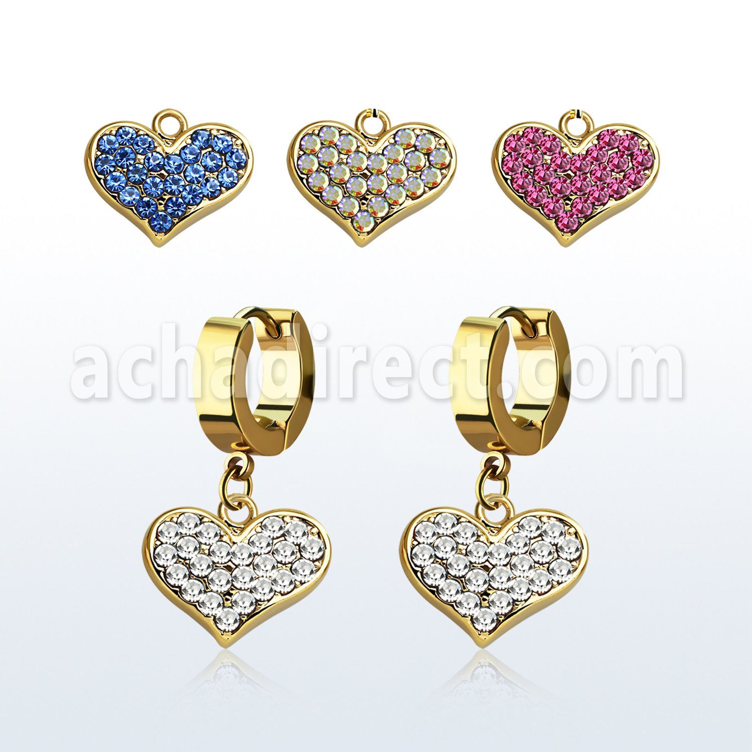 erg705 pendiente huggie oreja acero inoxidable pvd dorado colgante cristal corazon distribuidor mayorista